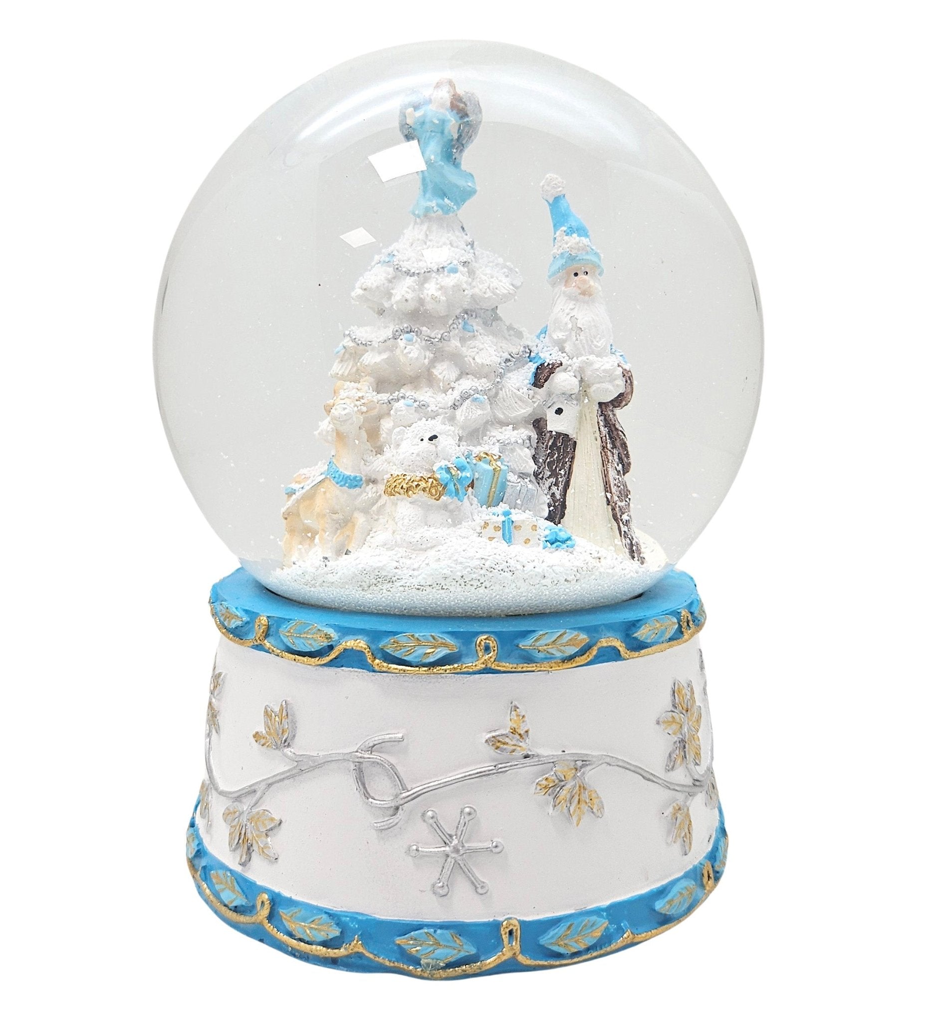 Schneekugel Weihnachtsmann mit Spieluhr, blau silber - 120 mm Durchmesser - Schneekugelhaus