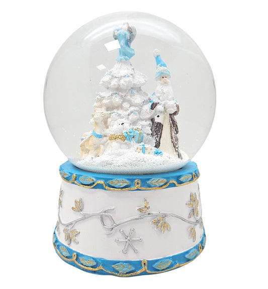 Schneekugel Weihnachtsmann mit Spieluhr, blau silber - 120 mm Durchmesser - Schneekugelhaus