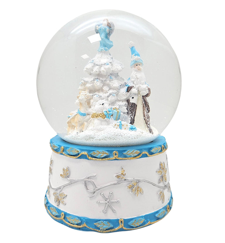 Schneekugel Weihnachtsmann mit Spieluhr, blau silber - 120 mm Durchmesser - Schneekugelhaus
