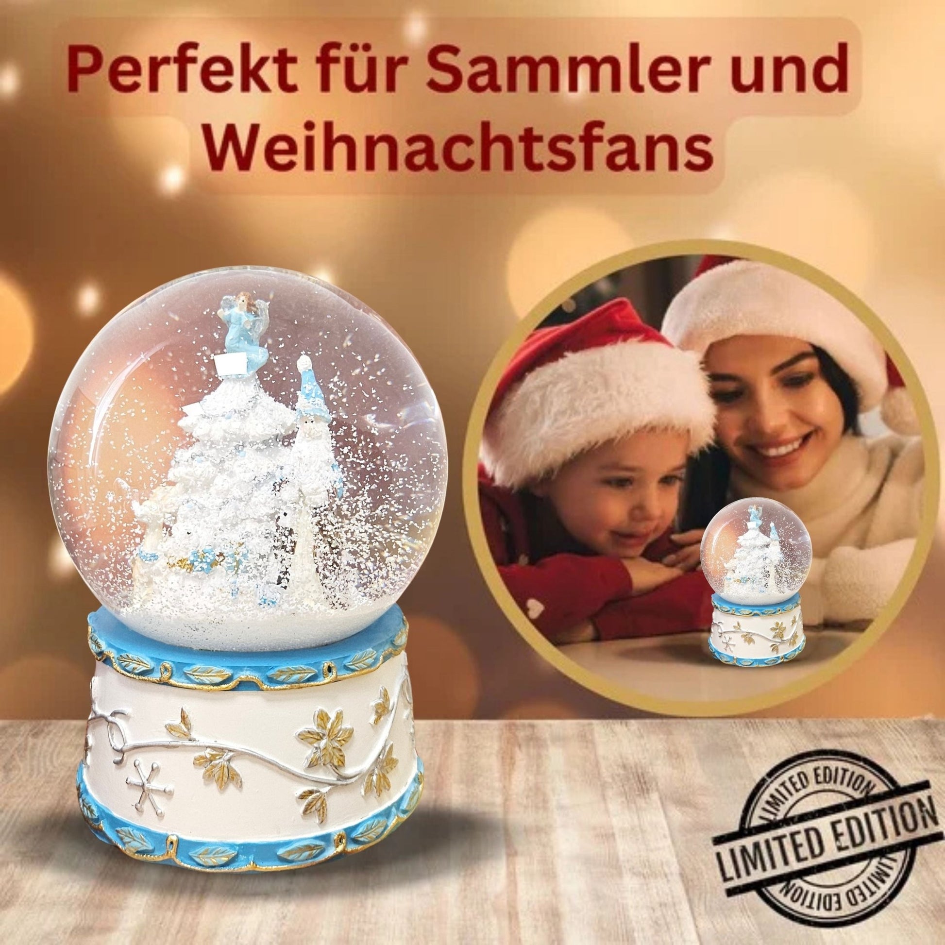 Schneekugel Weihnachtsmann mit Spieluhr, blau silber - 120 mm Durchmesser - Schneekugelhaus