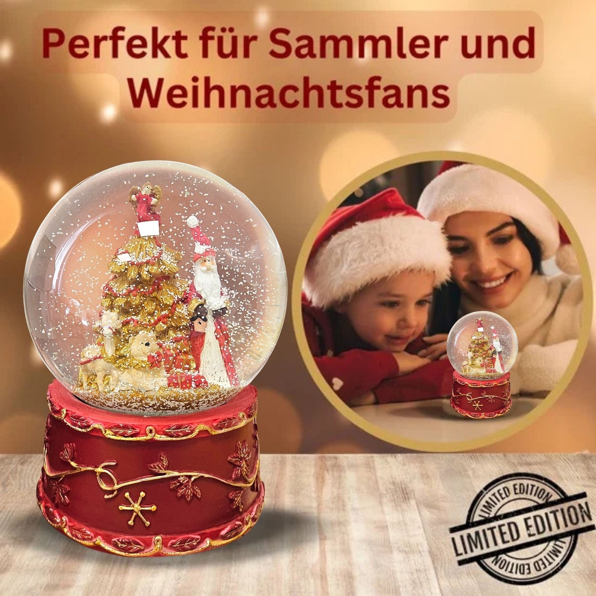Schneekugel Weihnachtsmann mit Spieluhr rot groß 120 mm Durchmesser - Schneekugelhaus