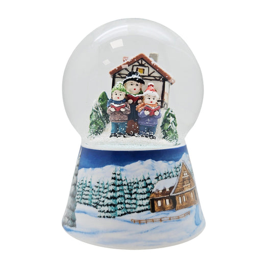 Schneekugel Weihnachtssinger vor Fachwerkhaus auf Sockel Winterlandschaft mit Spieluhr 10 cm Durchmesser - Schneekugelhaus