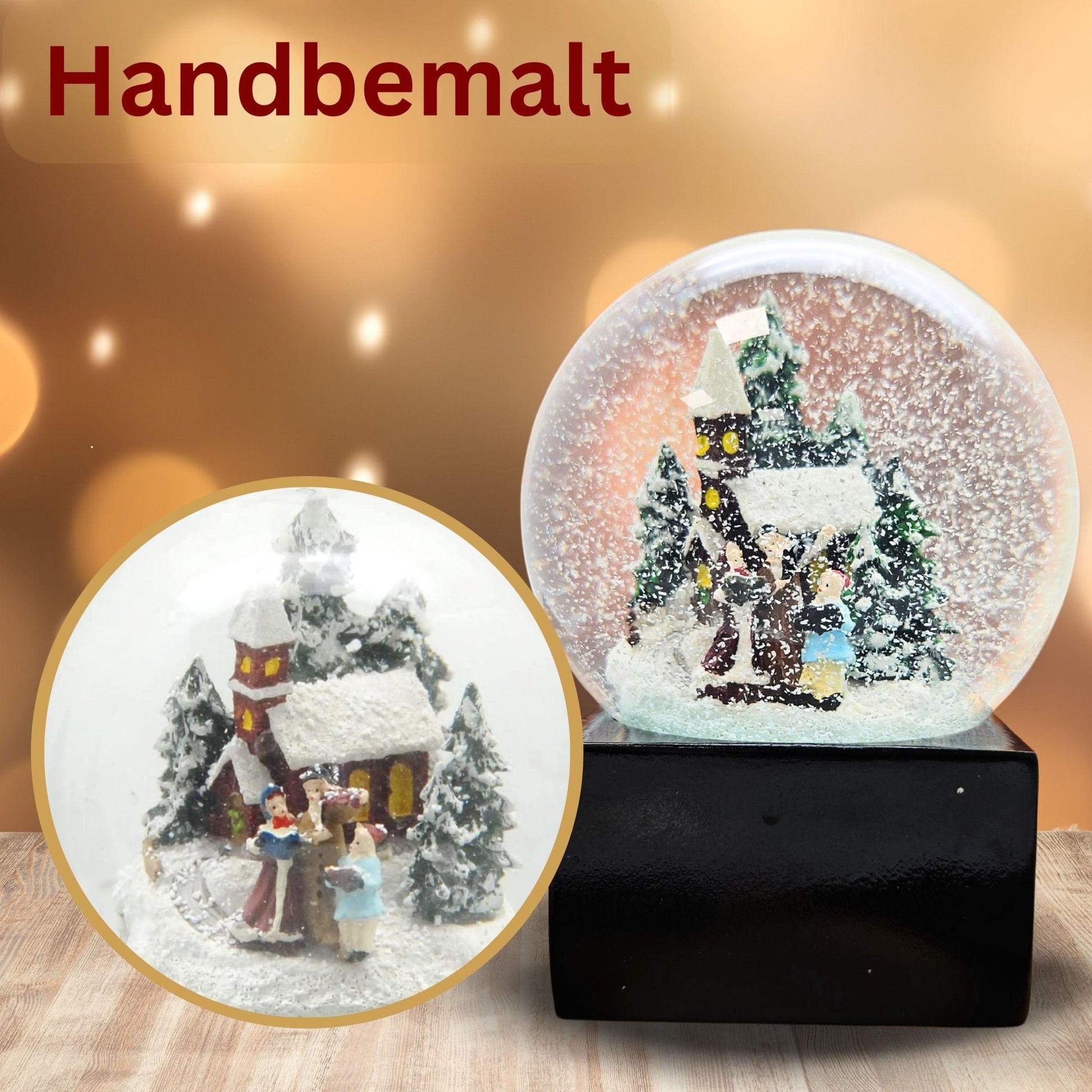 Schneekugel Weihnachtsspaziergang auf Sockel schwarz eckig "PURE - Line" 10 cm Durchmesser - Schneekugelhaus