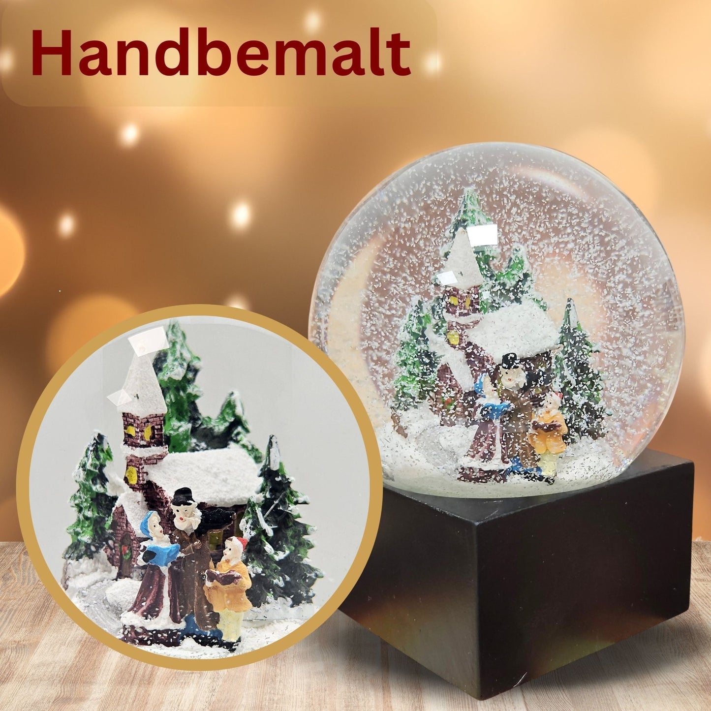 Schneekugel Weihnachtsspaziergang auf Sockel schwarz eckig "PURE - Line" 10 cm Durchmesser - Schneekugelhaus