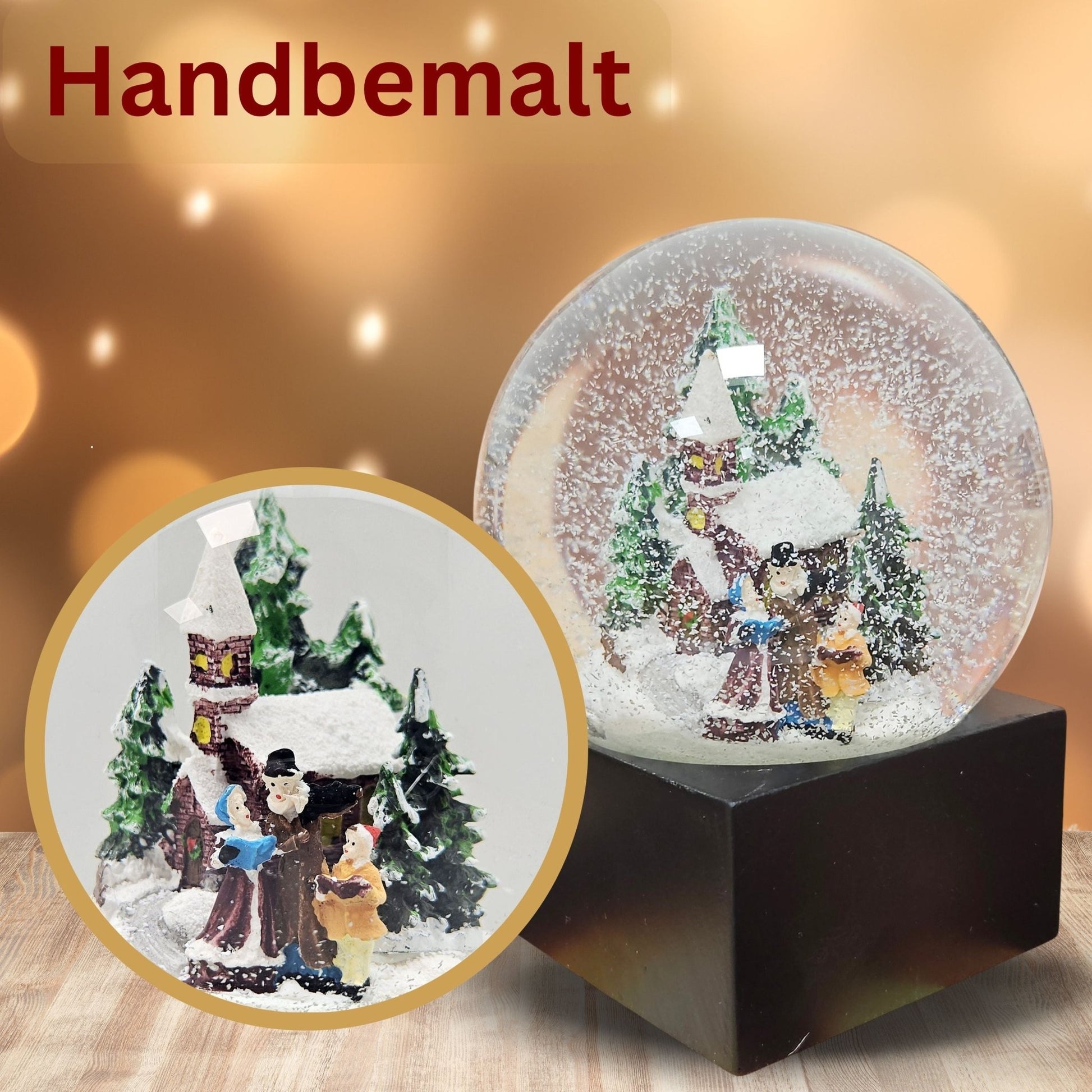 Schneekugel Weihnachtsspaziergang auf Sockel schwarz eckig "PURE - Line" 10 cm Durchmesser - Schneekugelhaus