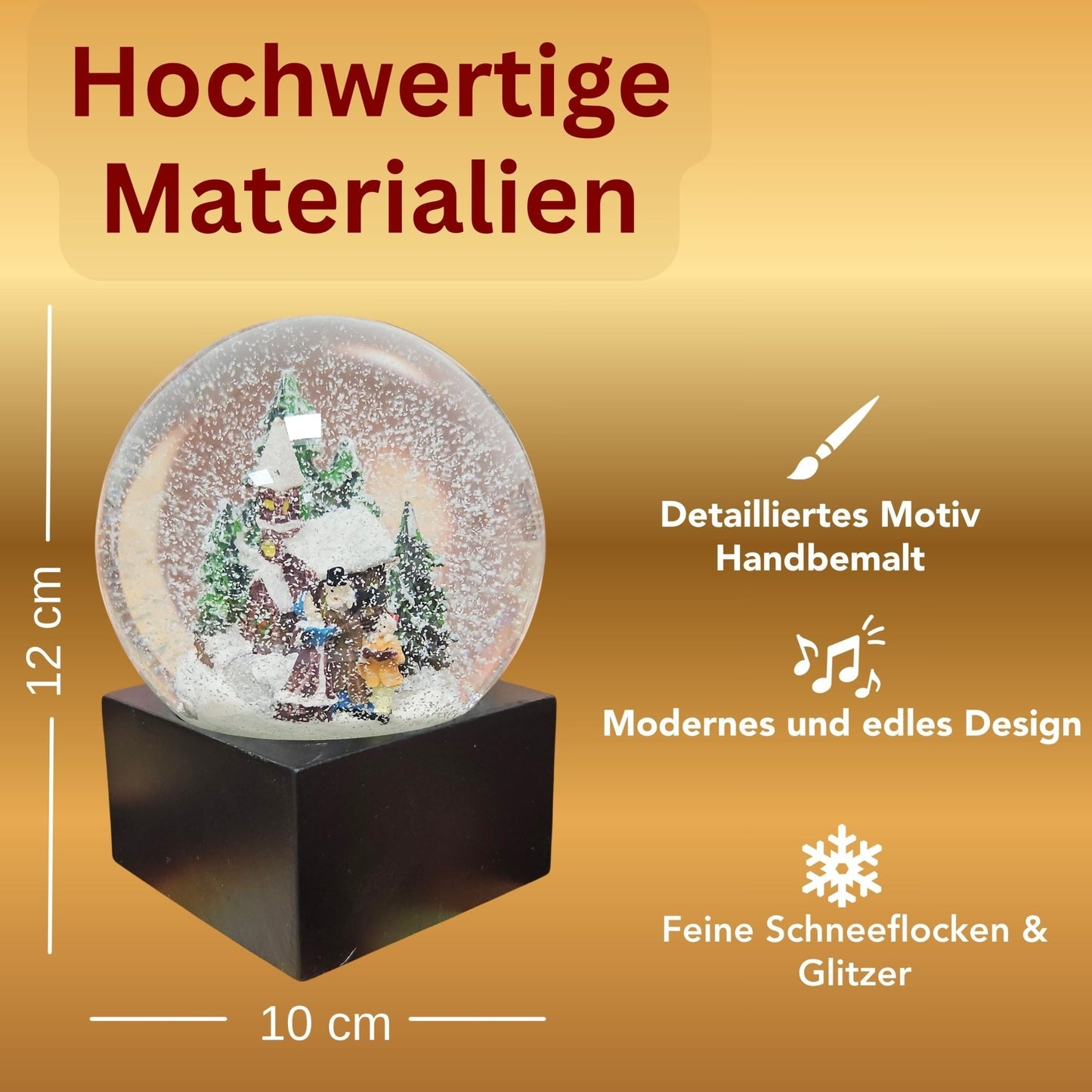 Schneekugel Weihnachtsspaziergang auf Sockel schwarz eckig "PURE - Line" 10 cm Durchmesser - Schneekugelhaus