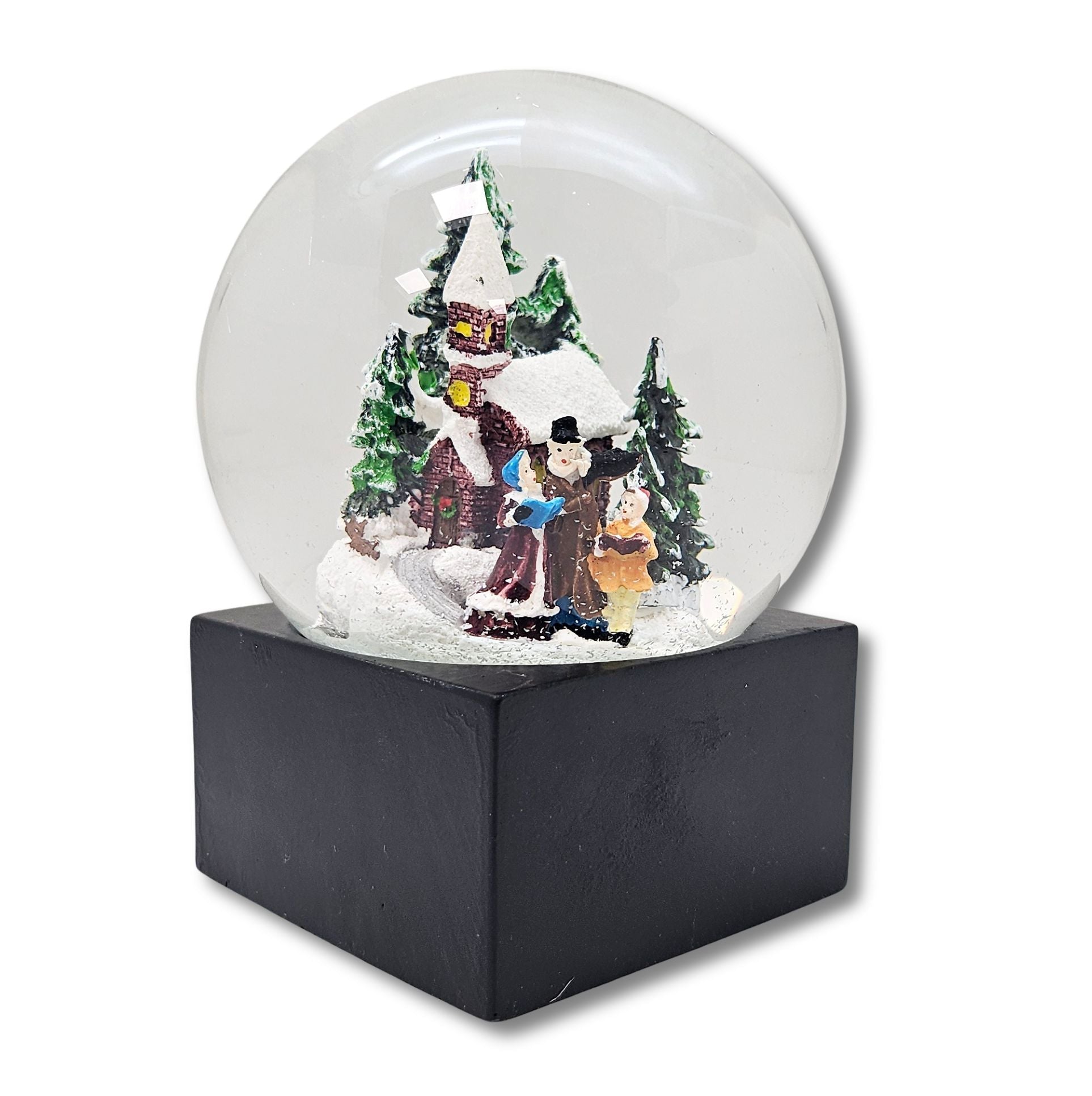 Schneekugel Weihnachtsspaziergang auf Sockel schwarz eckig "PURE - Line" 10 cm Durchmesser - Schneekugelhaus