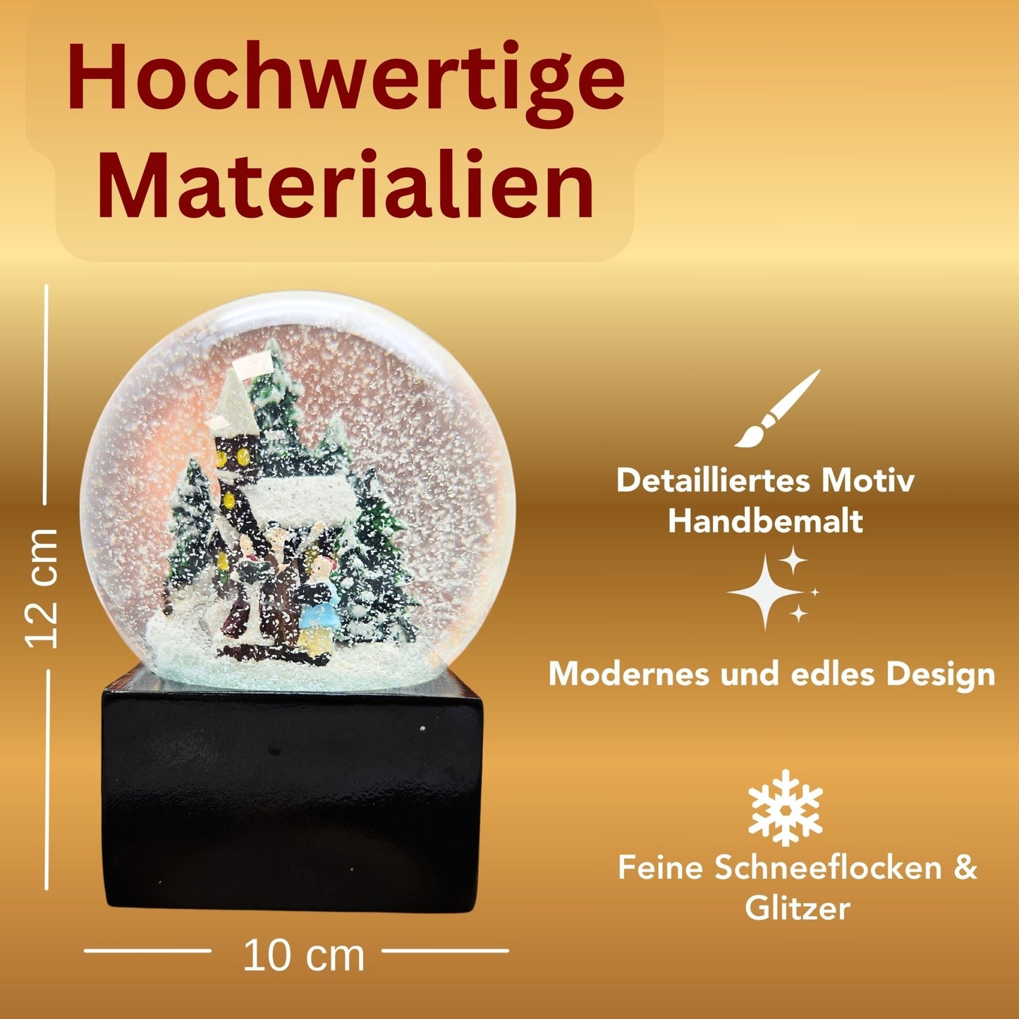 Schneekugel Weihnachtsspaziergang auf Sockel schwarz eckig "PURE - Line" 10 cm Durchmesser - Schneekugelhaus