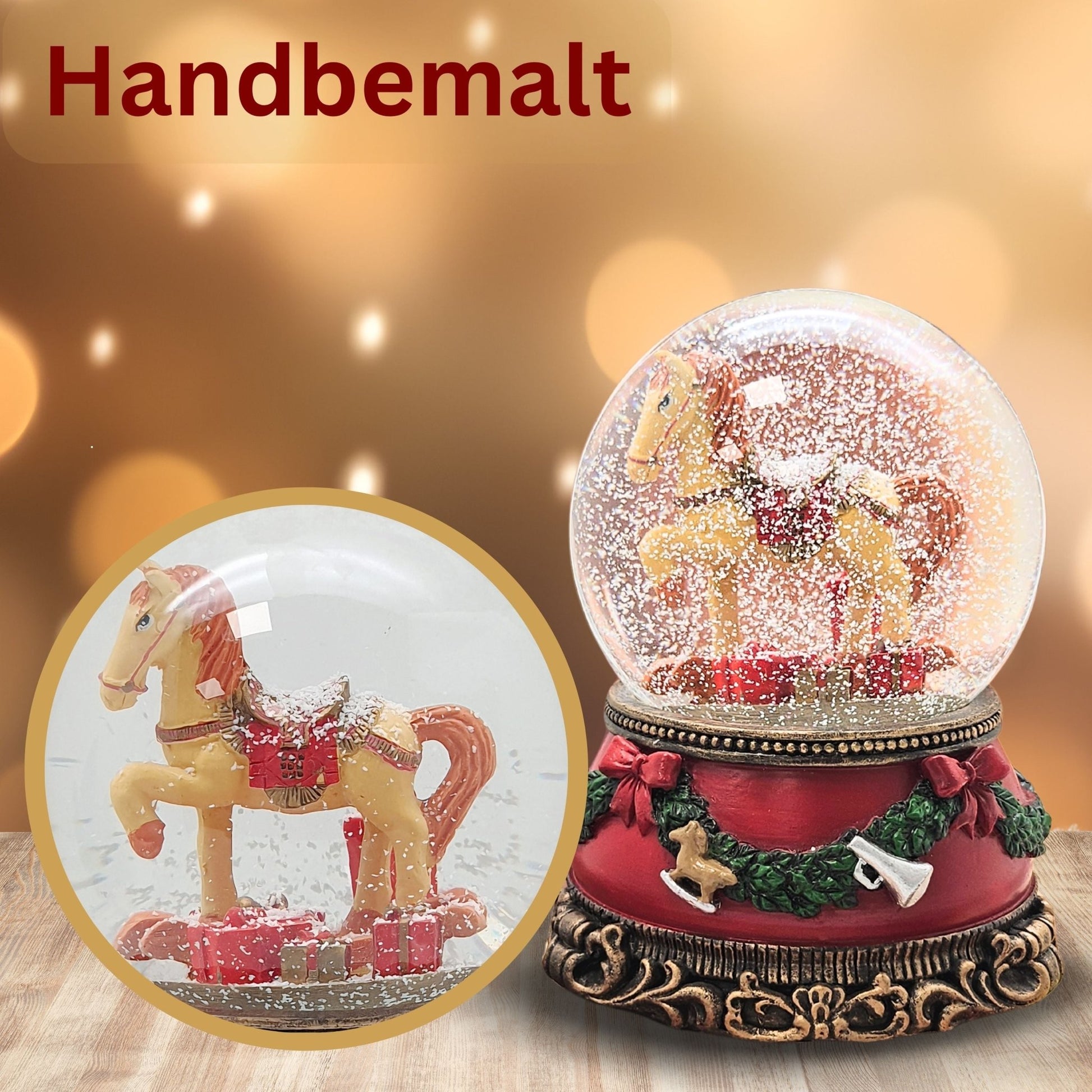 Schöne Schneekugel Schaukelpferd mit Geschenken auf Sockel Weihnachtsdekor rot mm Durchmesser mit Spieluhr - Schneekugelhaus