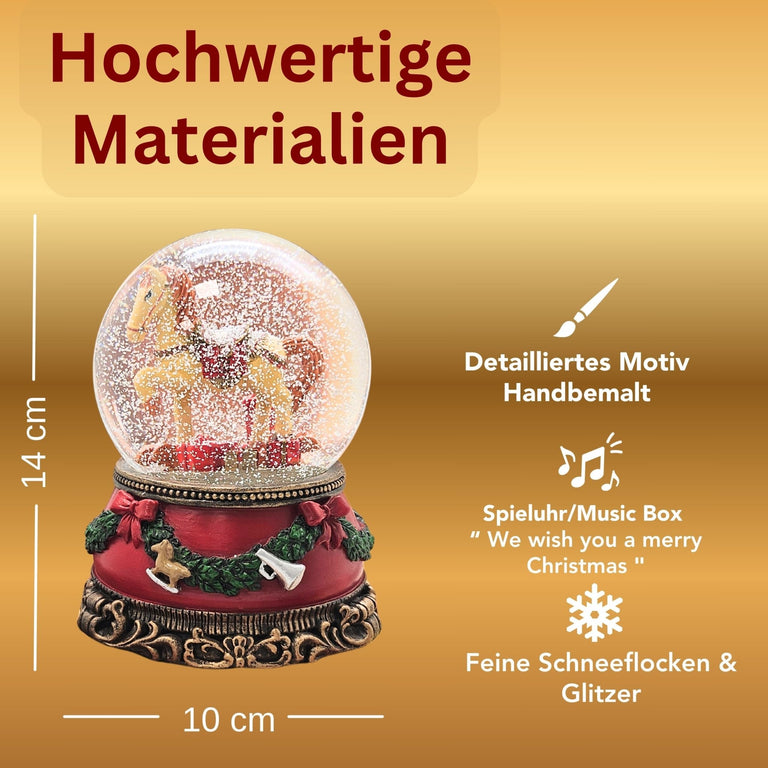Schöne Schneekugel Schaukelpferd mit Geschenken auf Sockel Weihnachtsdekor rot mm Durchmesser mit Spieluhr - Schneekugelhaus