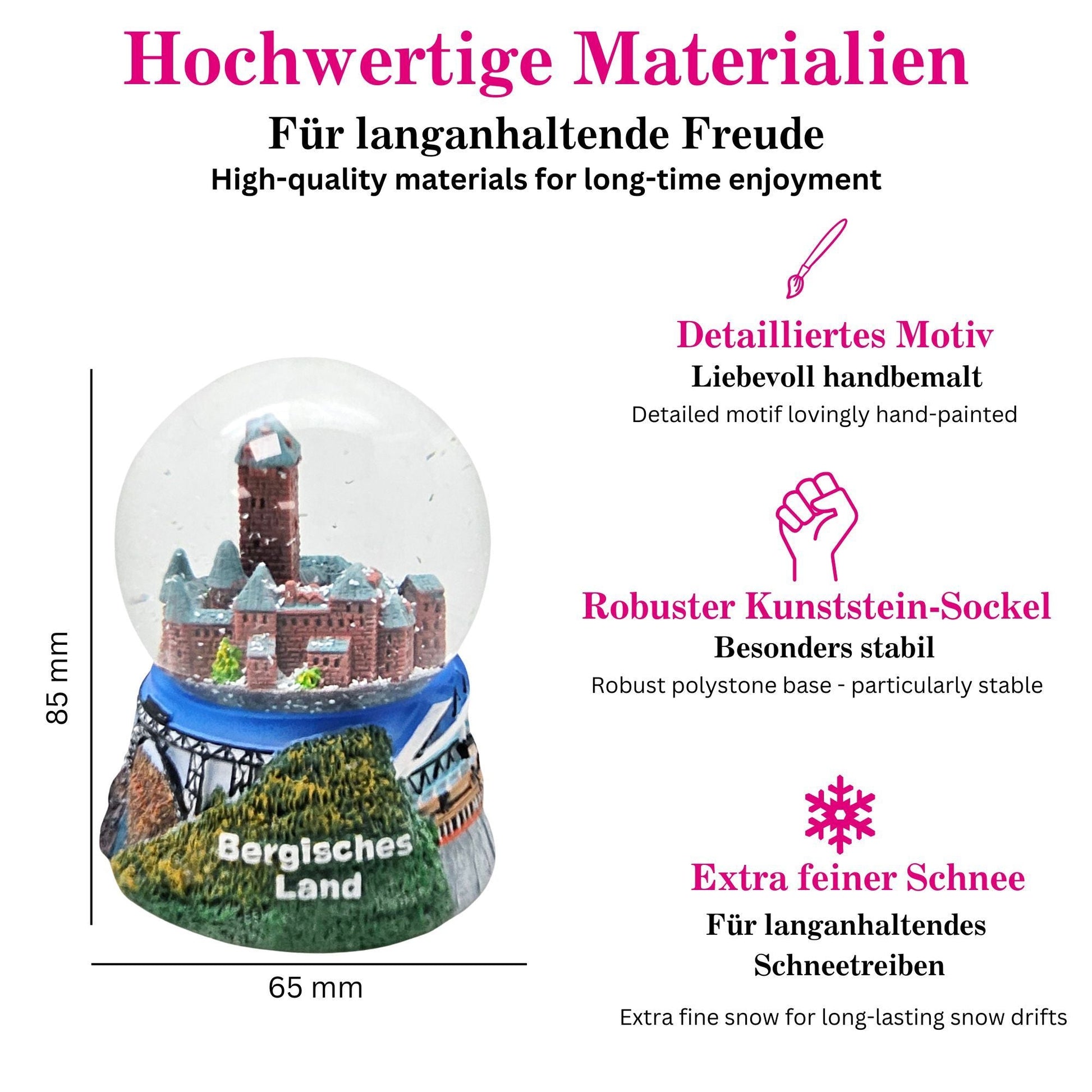 Souvenir Schneekugel Bergisches Land mit Schloss Burg Wuppertal Schwebebahn B: 6,5 H: 8,5 - Schneekugelhaus
