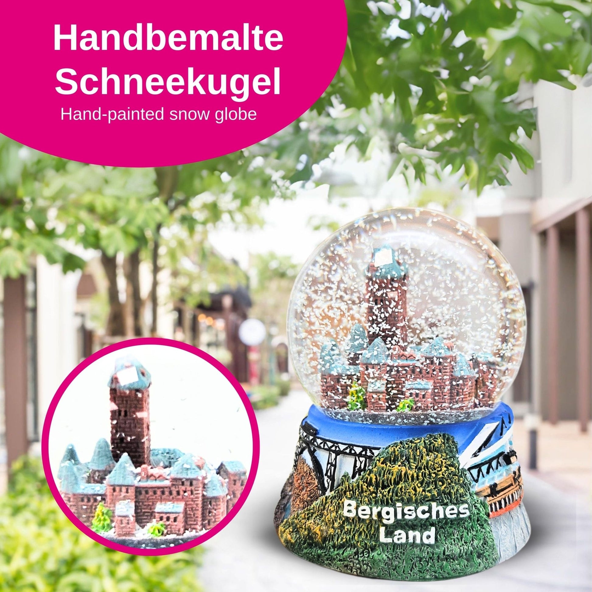 Souvenir Schneekugel Bergisches Land mit Schloss Burg Wuppertal Schwebebahn B: 6,5 H: 8,5 - Schneekugelhaus
