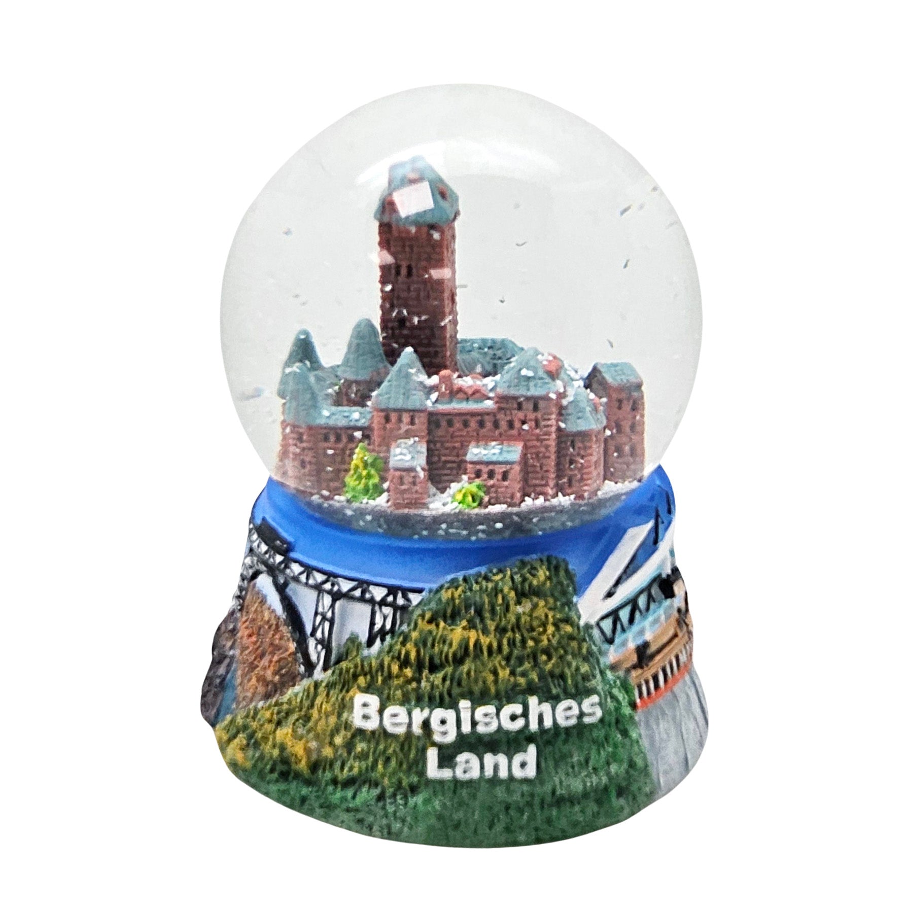 Souvenir Schneekugel Bergisches Land mit Schloss Burg Wuppertal Schwebebahn B: 6,5 H: 8,5 - Schneekugelhaus