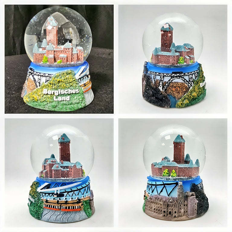 Souvenir Schneekugel Bergisches Land mit Schloss Burg Wuppertal Schwebebahn B: 6,5 H: 8,5 - Schneekugelhaus