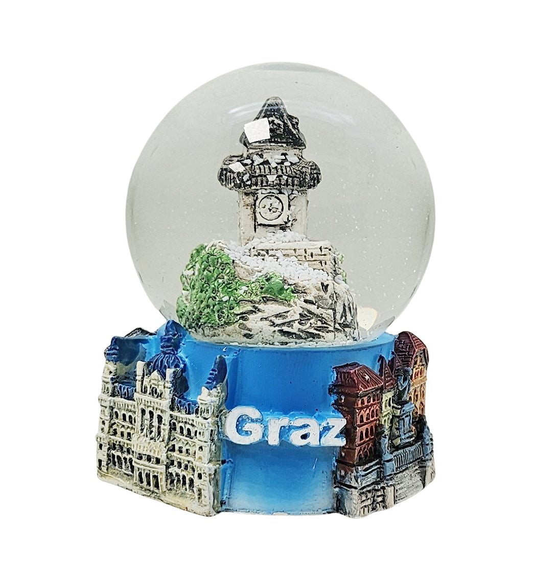 Souvenir Schneekugel Graz Uhrturm + Hauptplatz 45mm Durchmesser - Schneekugelhaus