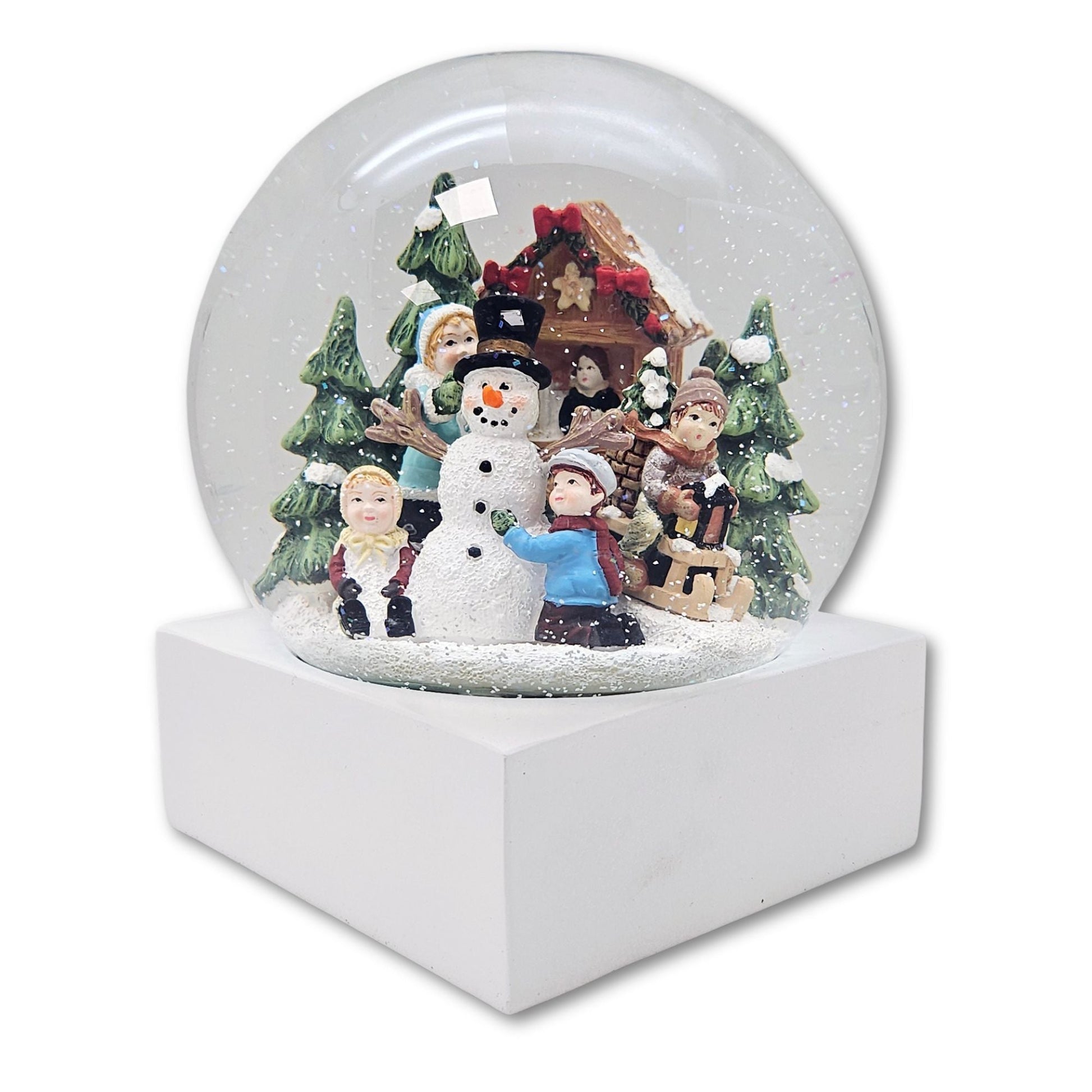 Stylische Schneekugel Megaformat Schneemann bauen Sockel weiß eck PURE - Line 15 cm Durchmesser - Schneekugelhaus