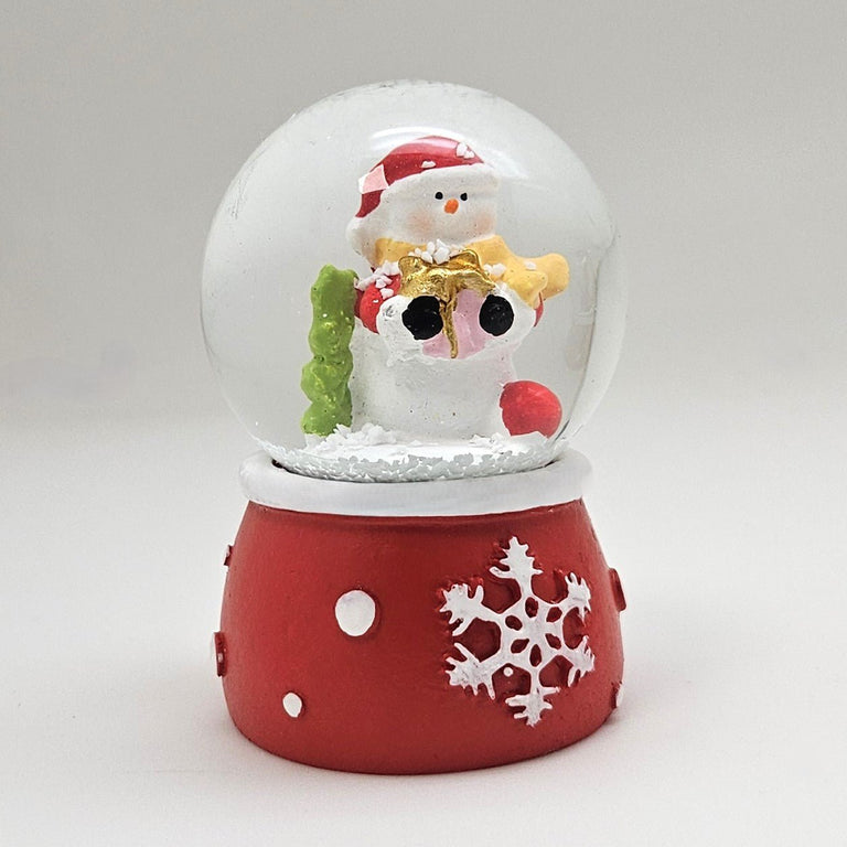 Süße Mini - Schneekugel Schneemann auf Sockel rot weiße Schneeeflocke B: 45mm - Schneekugelhaus