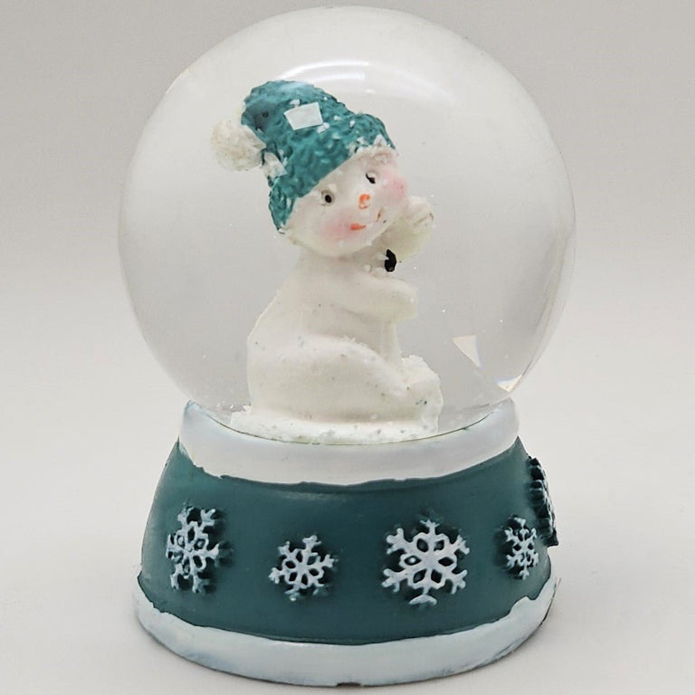 Süße Mini - Schneekugel Schneemann dreht sich auf Sockel türkis weiße Schneeeflocke B: 45mm - Schneekugelhaus