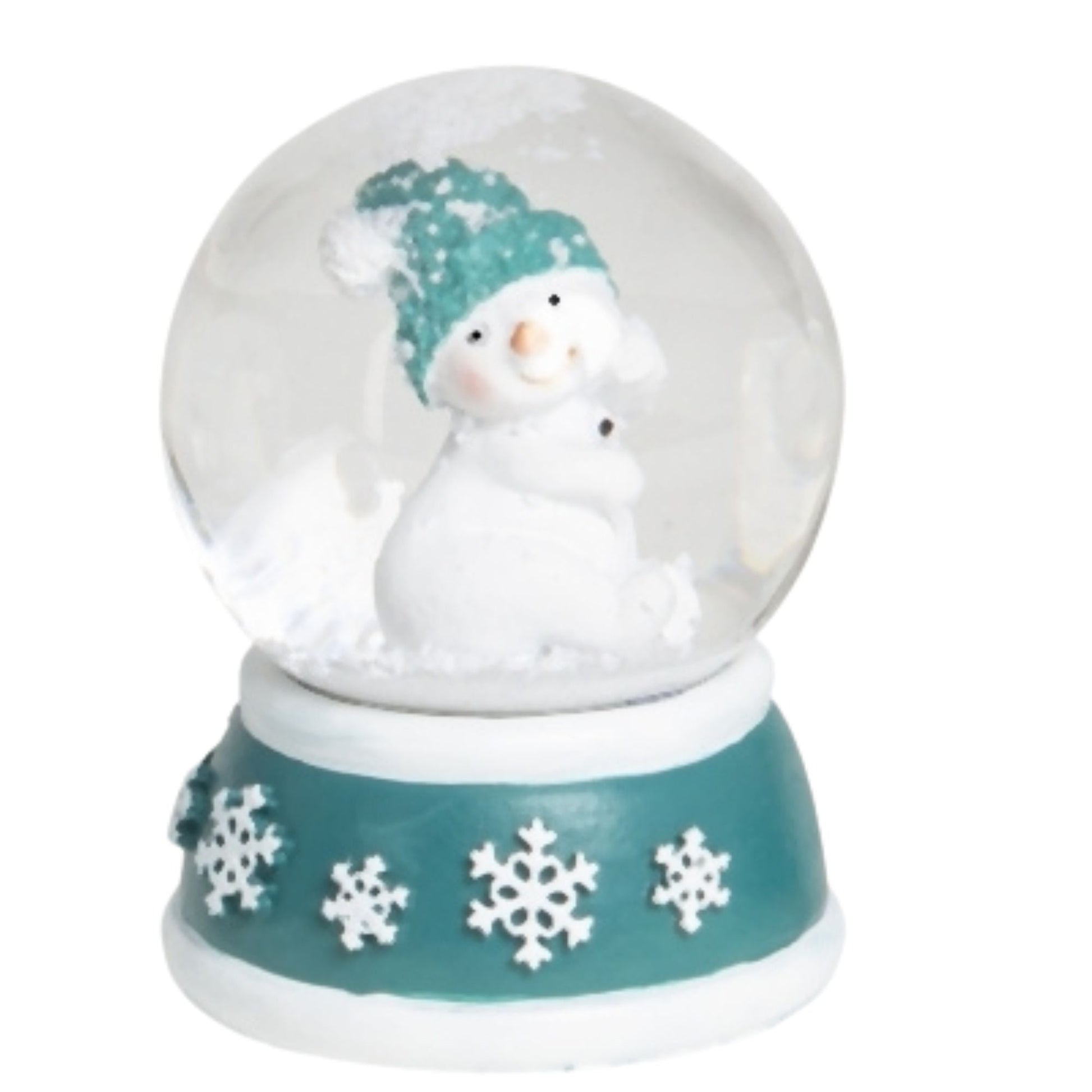 Süße Mini - Schneekugel Schneemann dreht sich auf Sockel türkis weiße Schneeeflocke B: 45mm - Schneekugelhaus