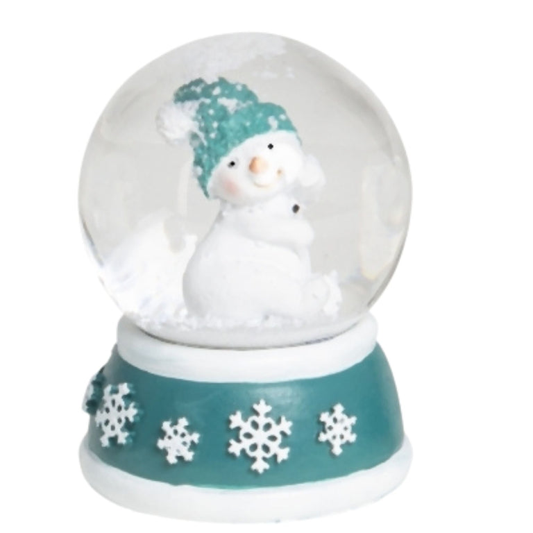 Süße Mini - Schneekugel Schneemann dreht sich auf Sockel türkis weiße Schneeeflocke B: 45mm - Schneekugelhaus