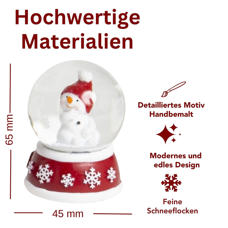 Süße Mini - Schneekugel Schneemann Hand am Mund auf Sockel rot weiße Schneeeflocke B: 45mm - Schneekugelhaus