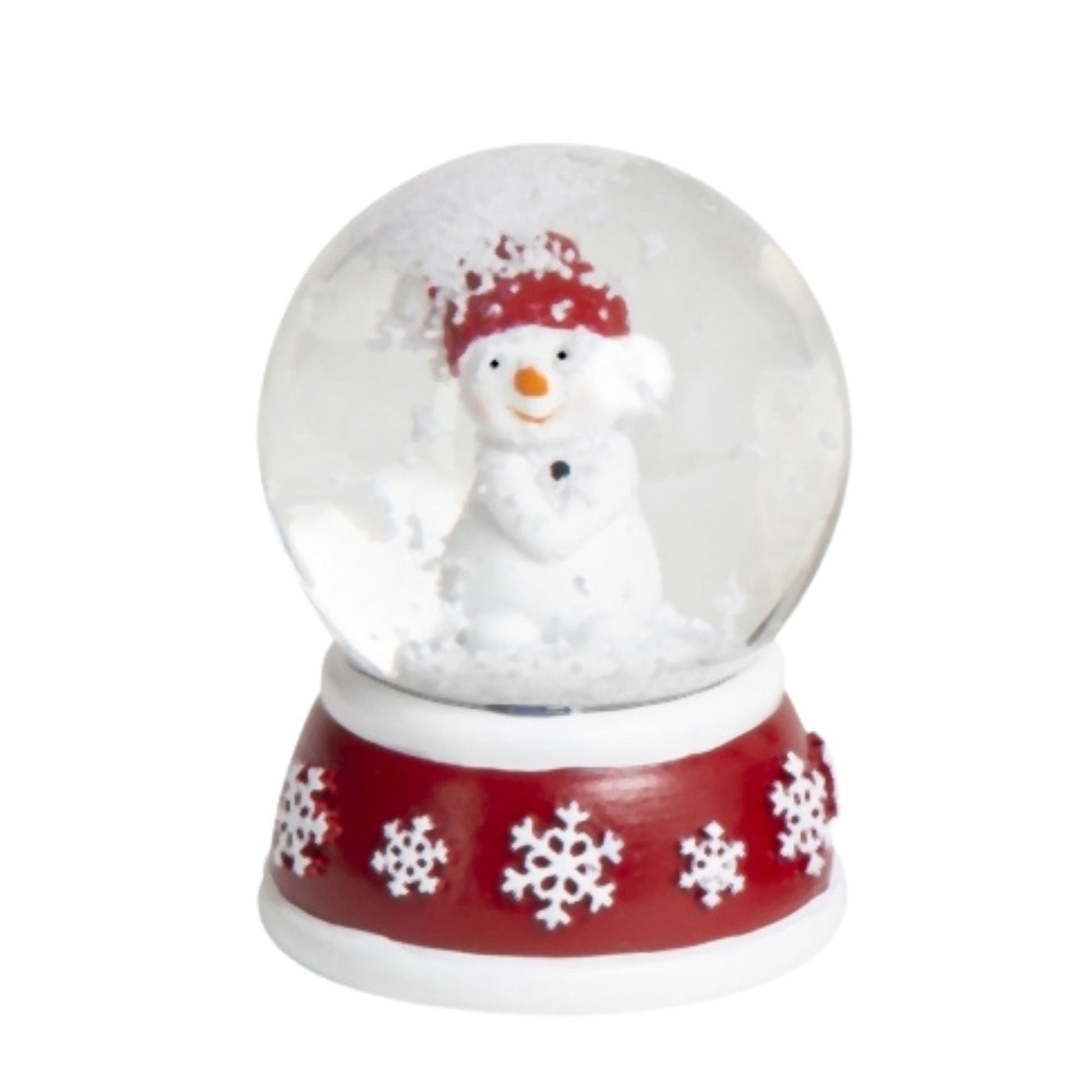 Süße Mini - Schneekugel Schneemann Hände zusammen auf Sockel rot weiße Schneeeflocke B: 45mm - Schneekugelhaus