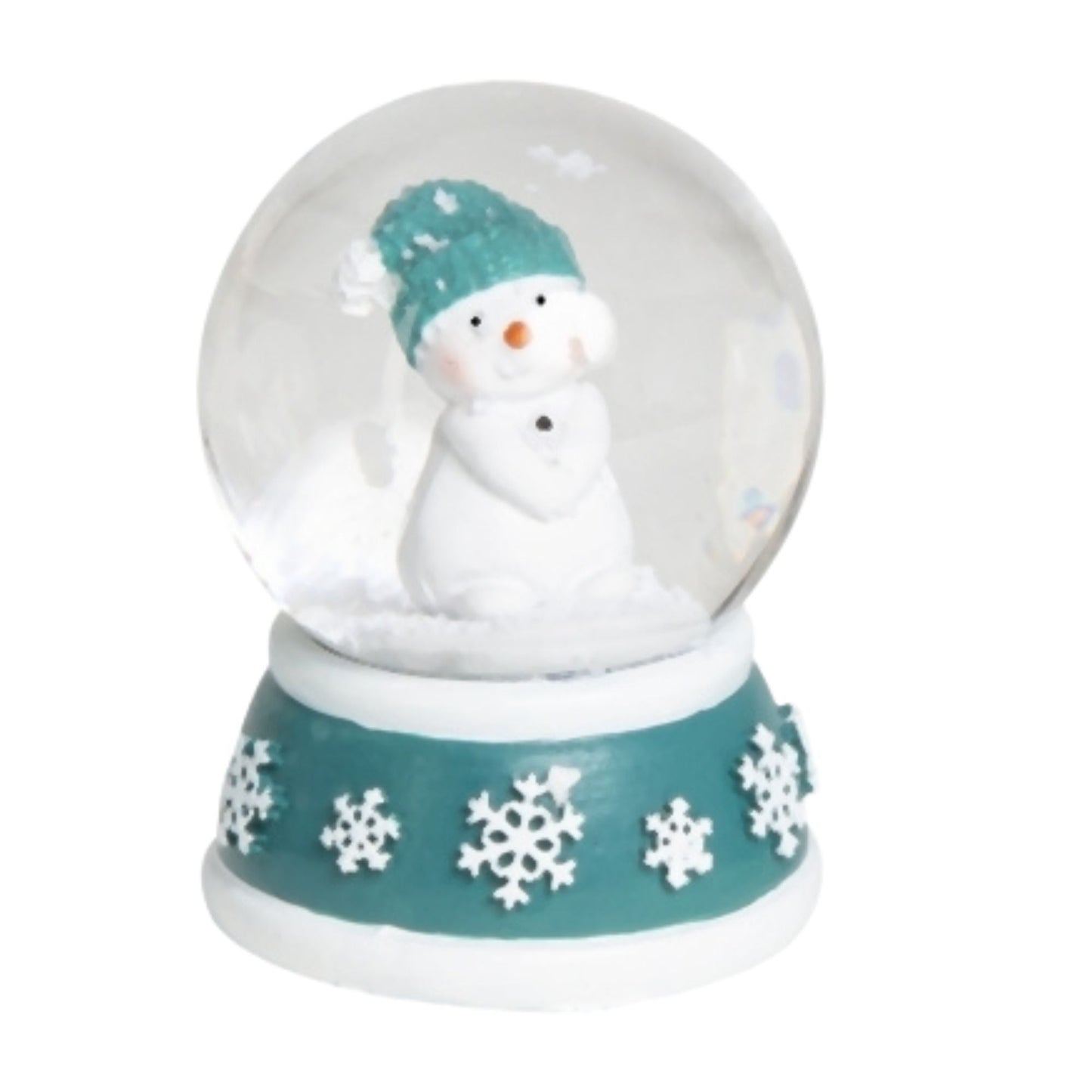 Süße Mini - Schneekugel Schneemann Hände zusammen auf Sockel türkis weiße Schneeeflocke B: 45mm - Schneekugelhaus
