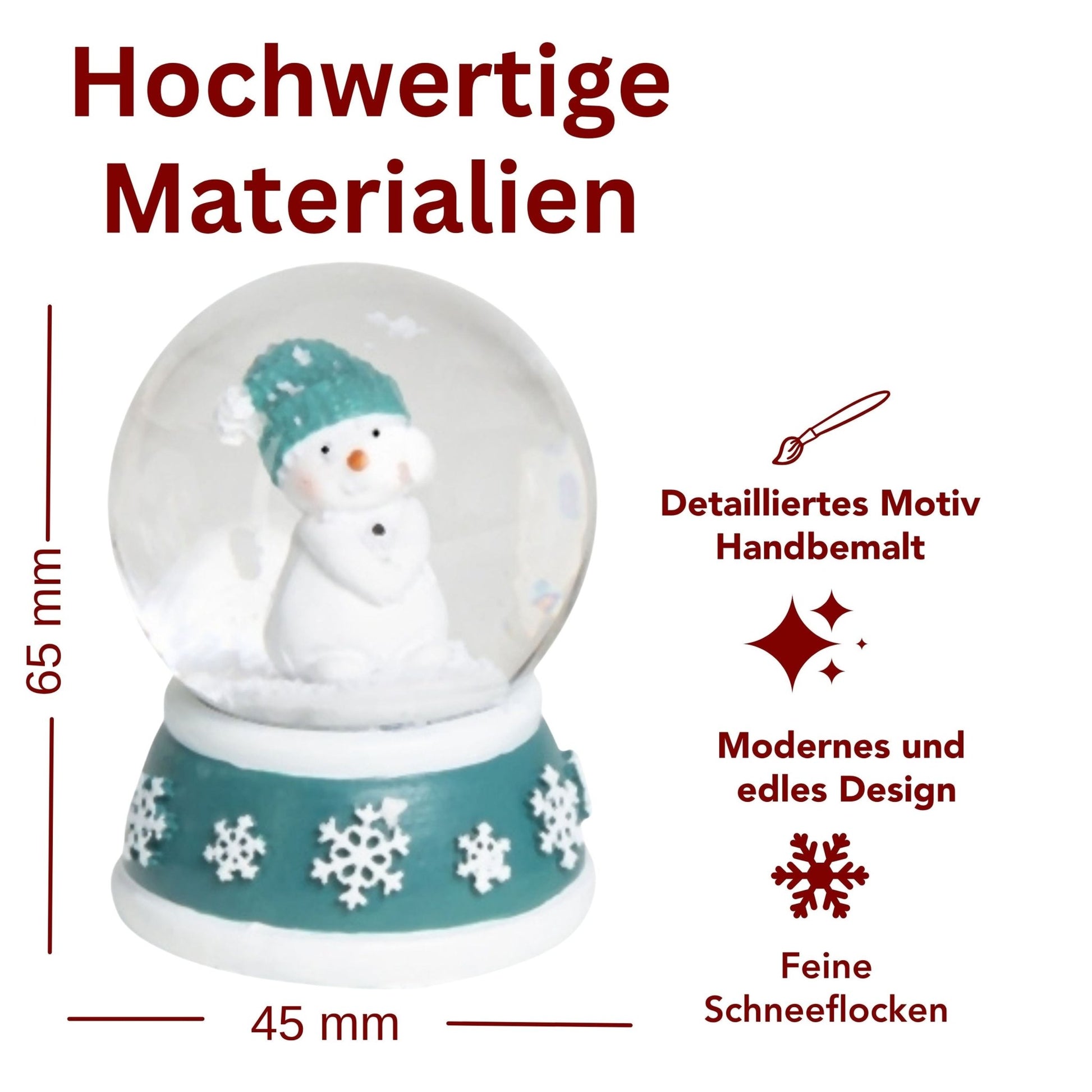 Süße Mini - Schneekugel Schneemann Hände zusammen auf Sockel türkis weiße Schneeeflocke B: 45mm - Schneekugelhaus
