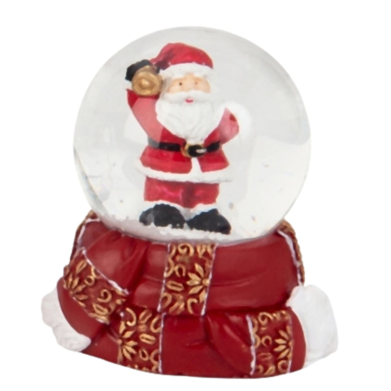 Süße Mini - Schneekugel Weihnachtsmann goldene Kugel auf Sockel rot gold Winterschal B: 45mm - Schneekugelhaus
