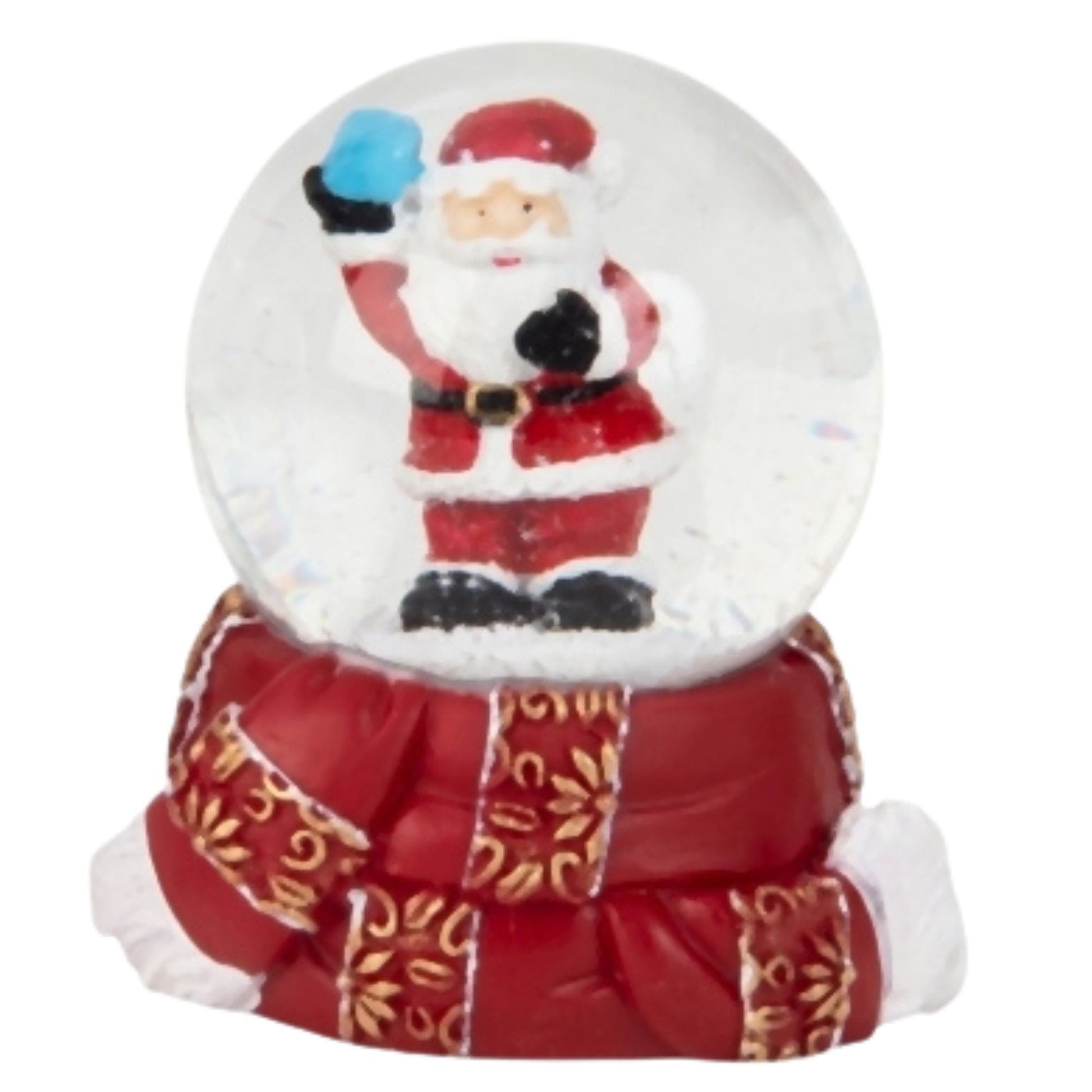 Süße Mini - Schneekugel Weihnachtsmann Schneeball auf Sockel rot gold Winterschal B: 45mm - Schneekugelhaus