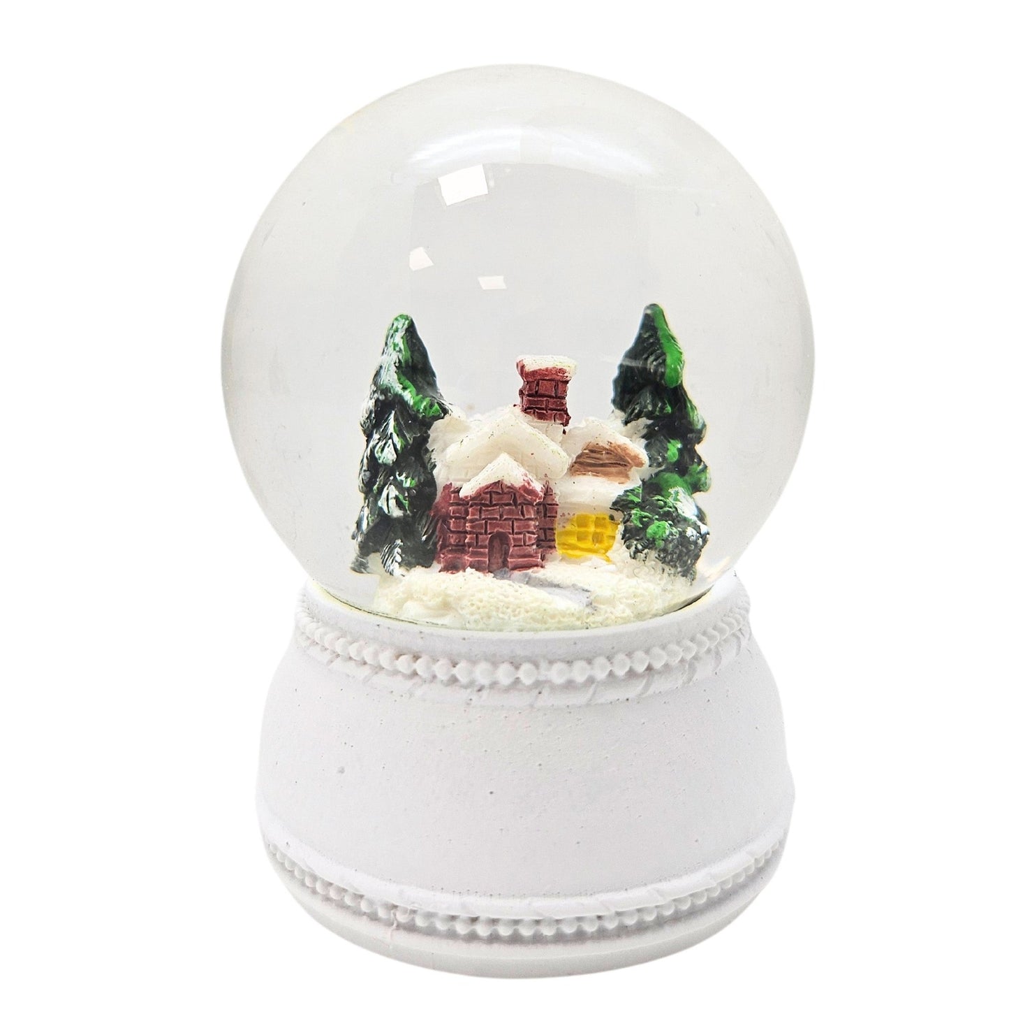 Süße Mini - Schneekugeln Berghütte mit Sockel weiß Nostalgie B: 45mm - Schneekugelhaus