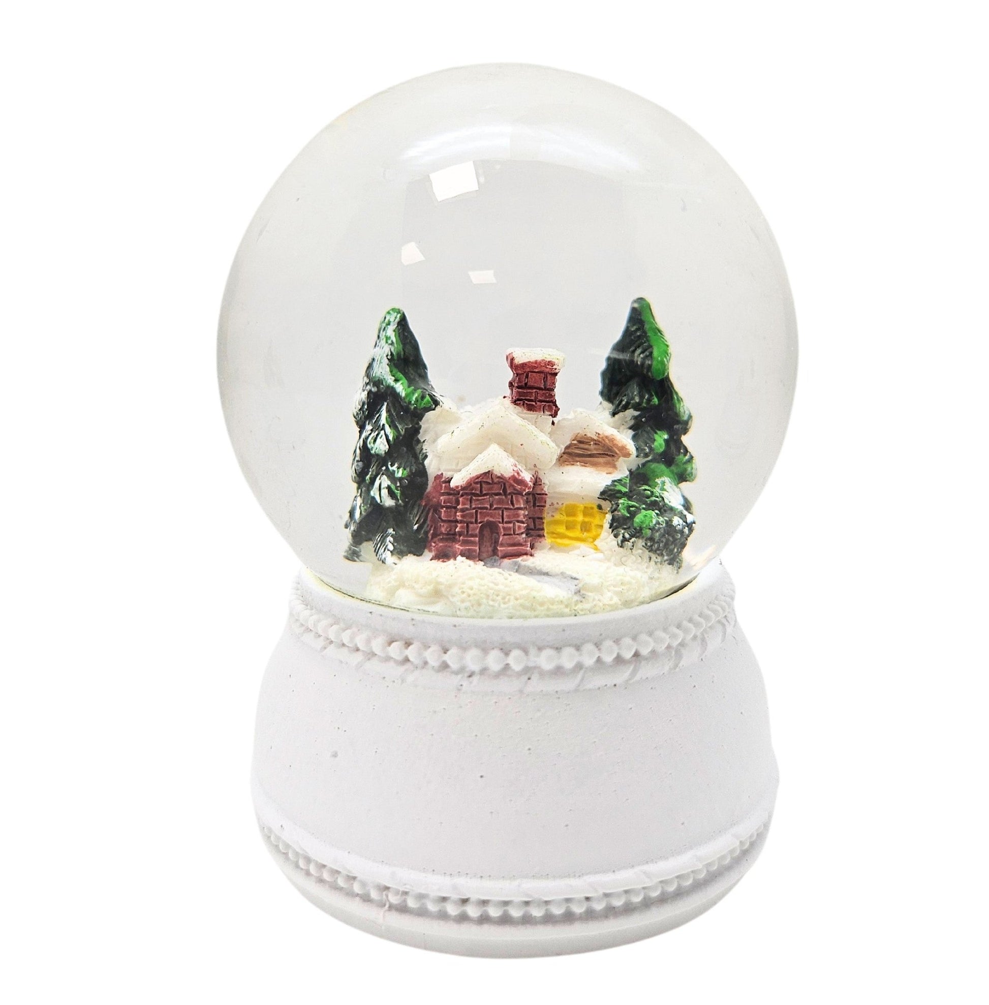 Süße Mini - Schneekugeln Berghütte mit Sockel weiß Nostalgie B: 45mm - Schneekugelhaus