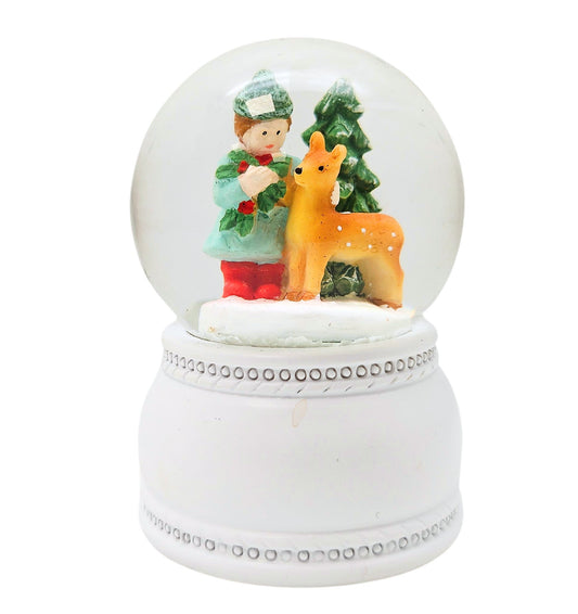 Süße Mini - Schneekugeln Kind mit Reh mit Sockel weiß Nostalgie B: 45mm - Schneekugelhaus