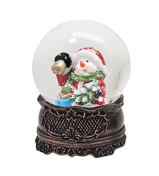 Süße Mini - Schneekugeln weihnachtlicher Schneemann auf Sockel antik kupfer Landschaft B: 45mm - Schneekugelhaus