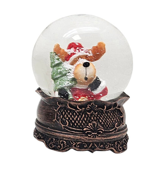 Süße Mini - Schneekugeln Weihnachtselch auf Sockel antik kupfer Landschaft B: 45mm - Schneekugelhaus