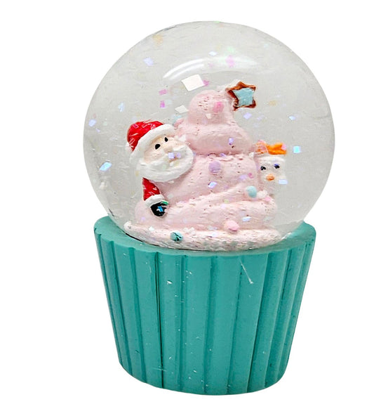 Süße Mini - Schneekugeln Weihnachtsmuffin mit Weihnachtsmann auf Sockel türkis B: 45mm - Schneekugelhaus