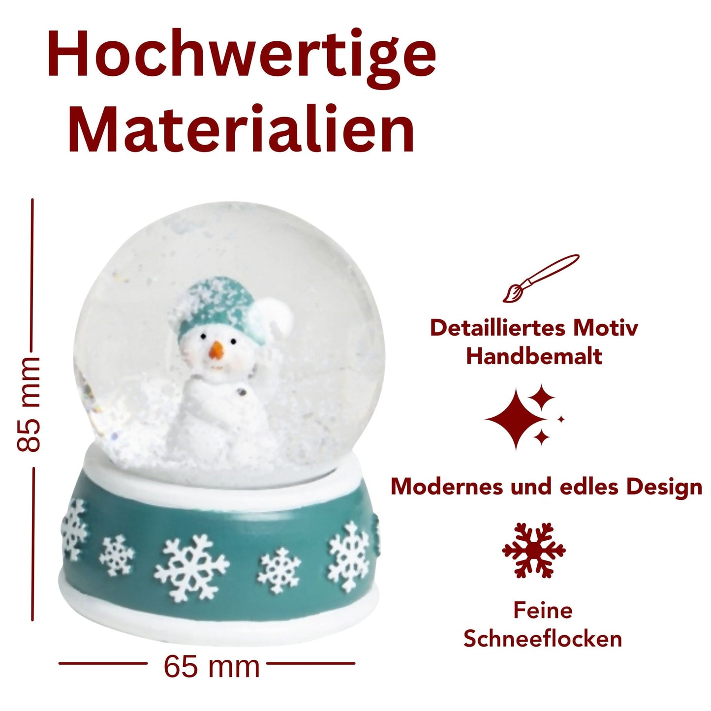 Süße Schneekugel Schneemann dreht sich auf Sockel türkis weiße Schneeflocke B: 65mm - Schneekugelhaus