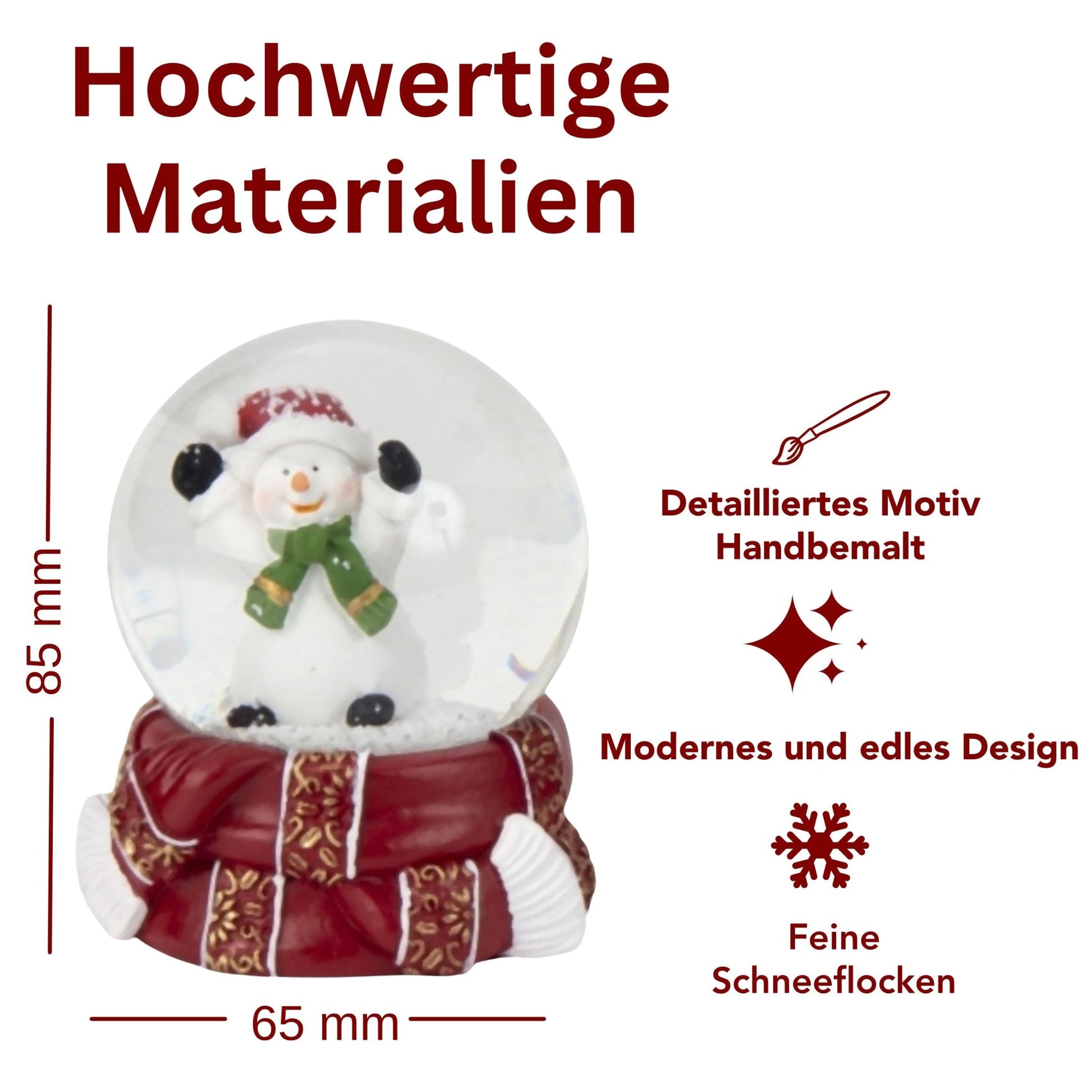 Süße Schneekugel Schneemann grüner Schal auf Sockel rot gold Winterschal B: 65mm - Schneekugelhaus