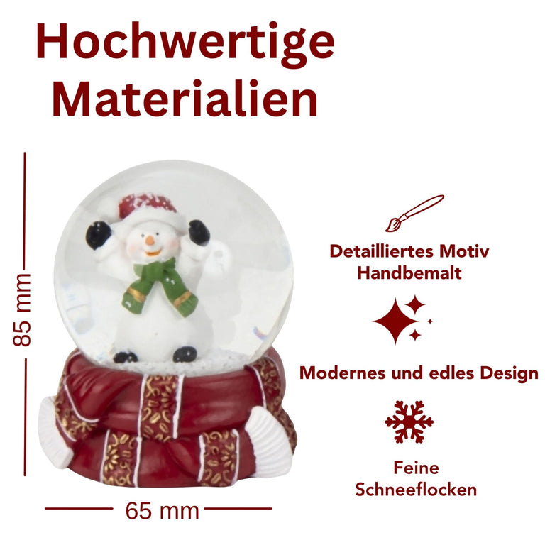 Süße Schneekugel Schneemann grüner Schal auf Sockel rot gold Winterschal B: 65mm - Schneekugelhaus
