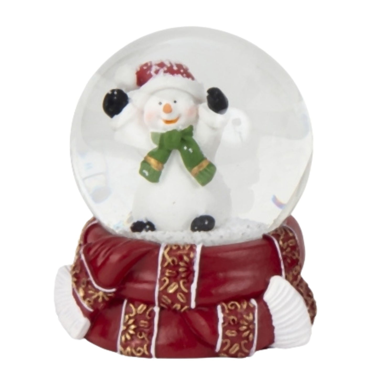 Süße Schneekugel Schneemann grüner Schal auf Sockel rot gold Winterschal B: 65mm - Schneekugelhaus