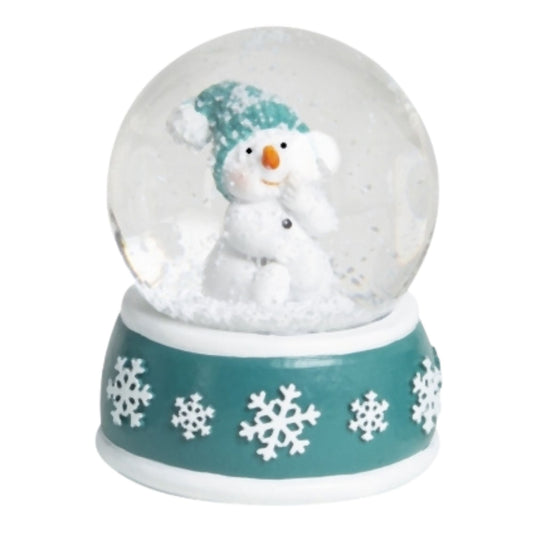 Süße Schneekugel Schneemann Hand am Mund auf Sockel türkis weiße Schneeflocke B: 65mm - Schneekugelhaus
