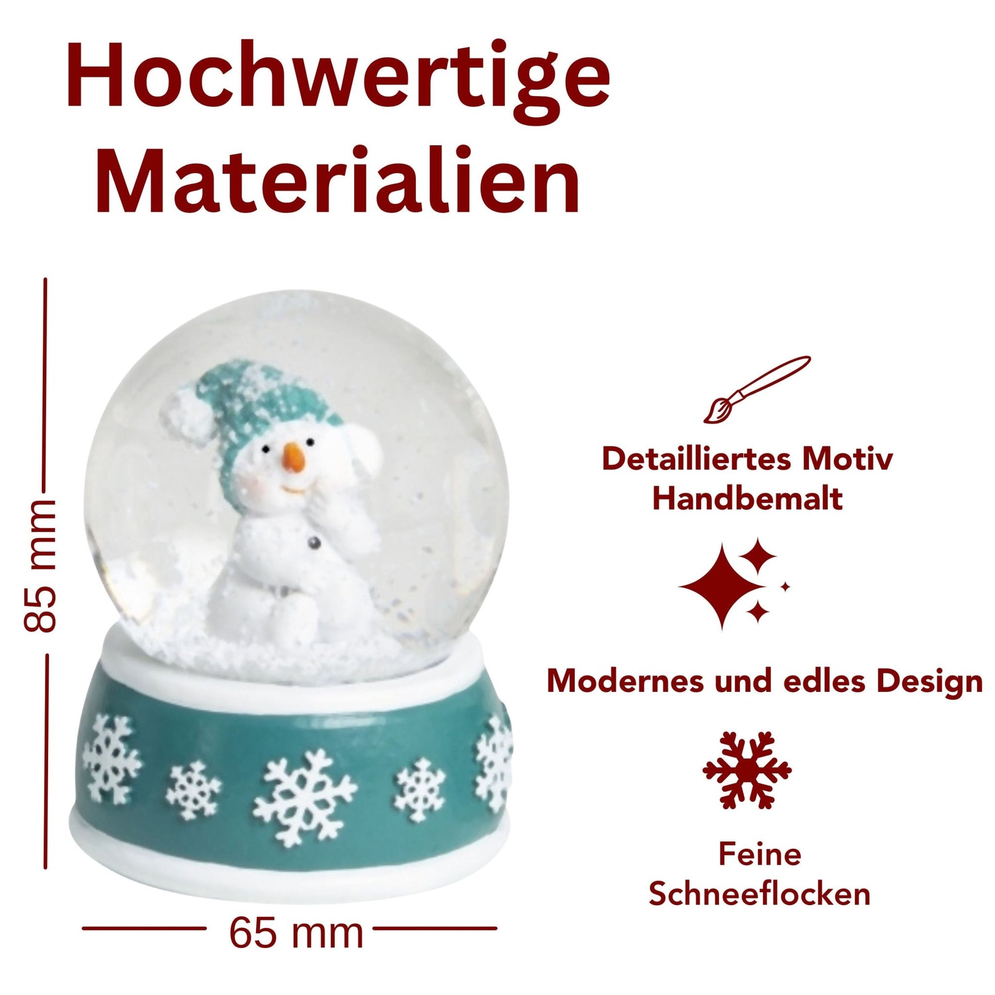 Süße Schneekugel Schneemann Hand am Mund auf Sockel türkis weiße Schneeflocke B: 65mm - Schneekugelhaus