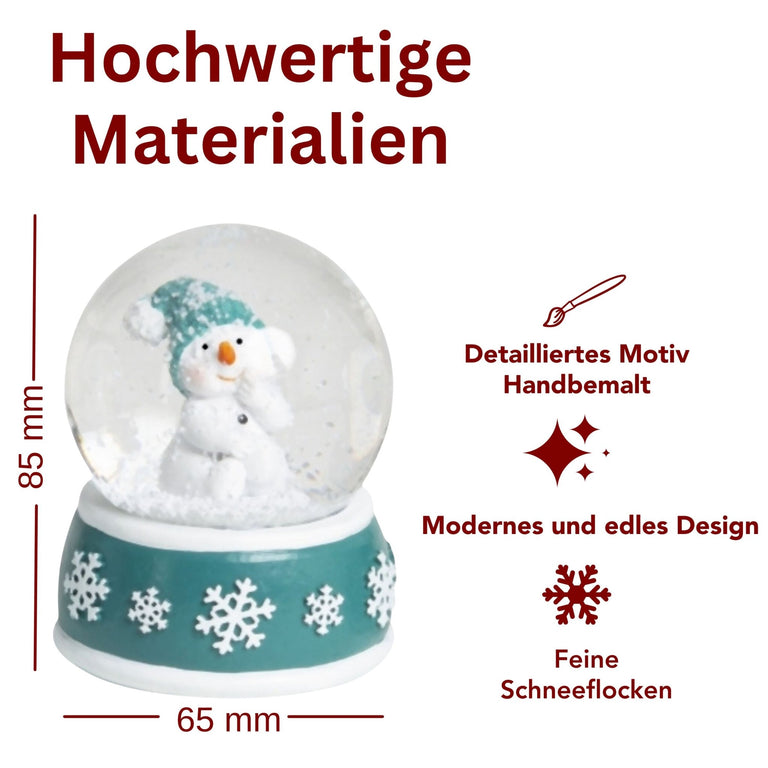 Süße Schneekugel Schneemann Hand am Mund auf Sockel türkis weiße Schneeflocke B: 65mm - Schneekugelhaus