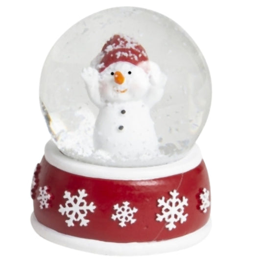 Süße Schneekugel Schneemann Hände hoch auf Sockel rot weiße Schneeflocke B: 65mm - Schneekugelhaus