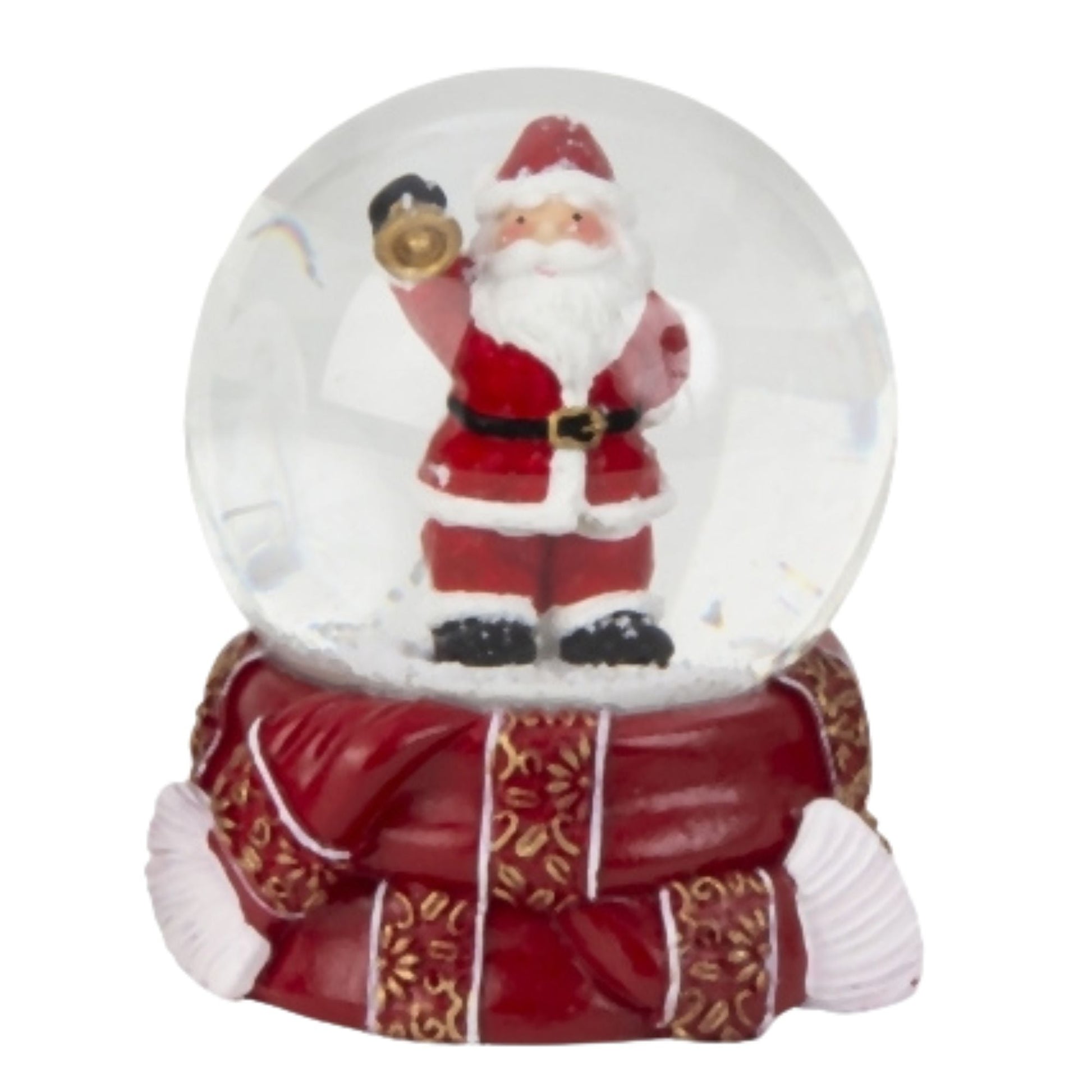 Süße Schneekugel Weihnachtsmann goldene Kugel auf Sockel rot gold Winterschal B: 65mm - Schneekugelhaus