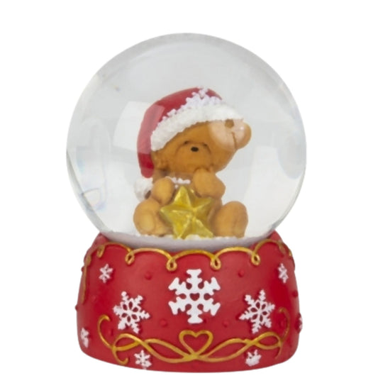 Süße Schneekugel Weihnachtsteddy goldener Stern auf Sockel rot weiße Schneeflocke B: 65mm - Schneekugelhaus