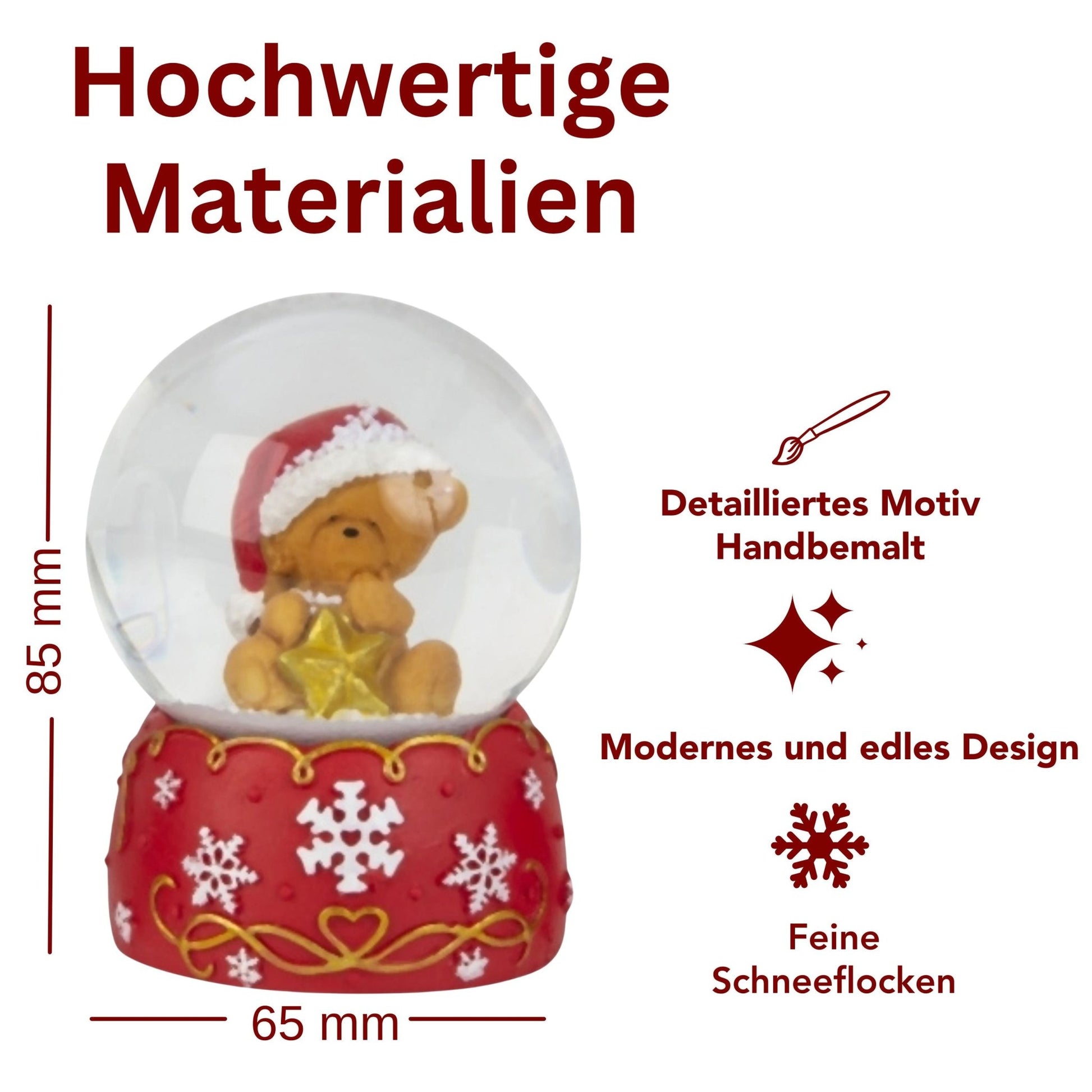 Süße Schneekugel Weihnachtsteddy goldener Stern auf Sockel rot weiße Schneeflocke B: 65mm - Schneekugelhaus