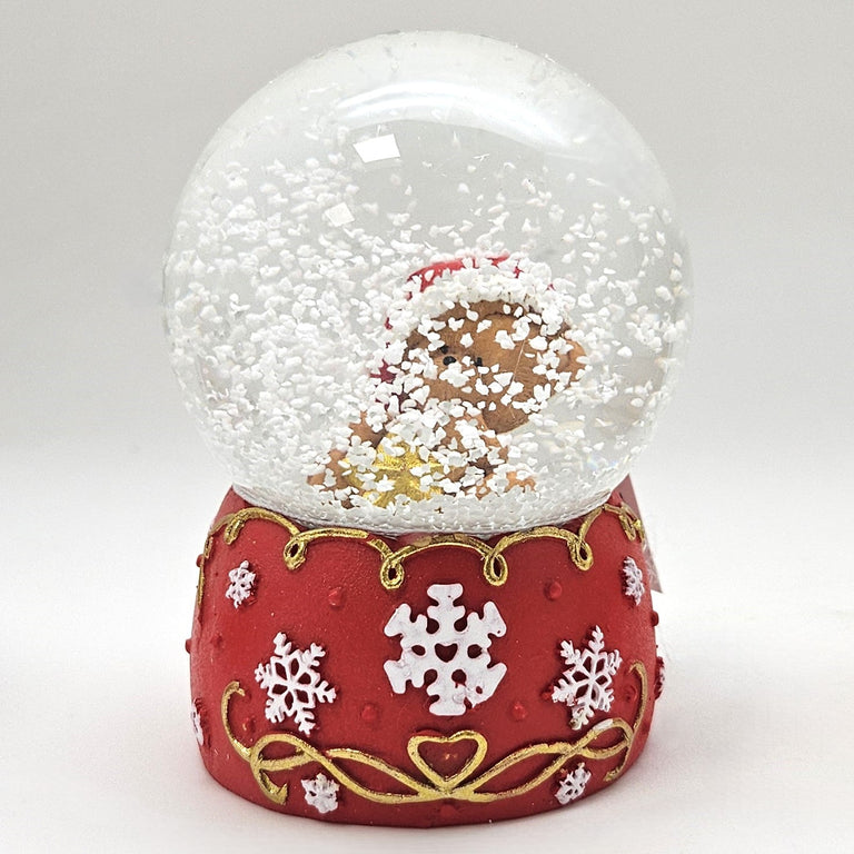 Süße Schneekugel Weihnachtsteddy goldener Stern auf Sockel rot weiße Schneeflocke B: 65mm - Schneekugelhaus