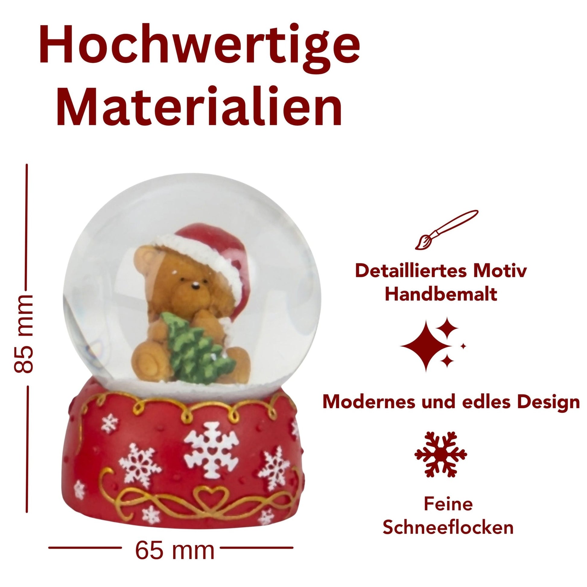 Süße Schneekugel Weihnachtsteddy Tannenbaum auf Sockel rot weiße Schneeflocke B: 65mm (Kopie) - Schneekugelhaus
