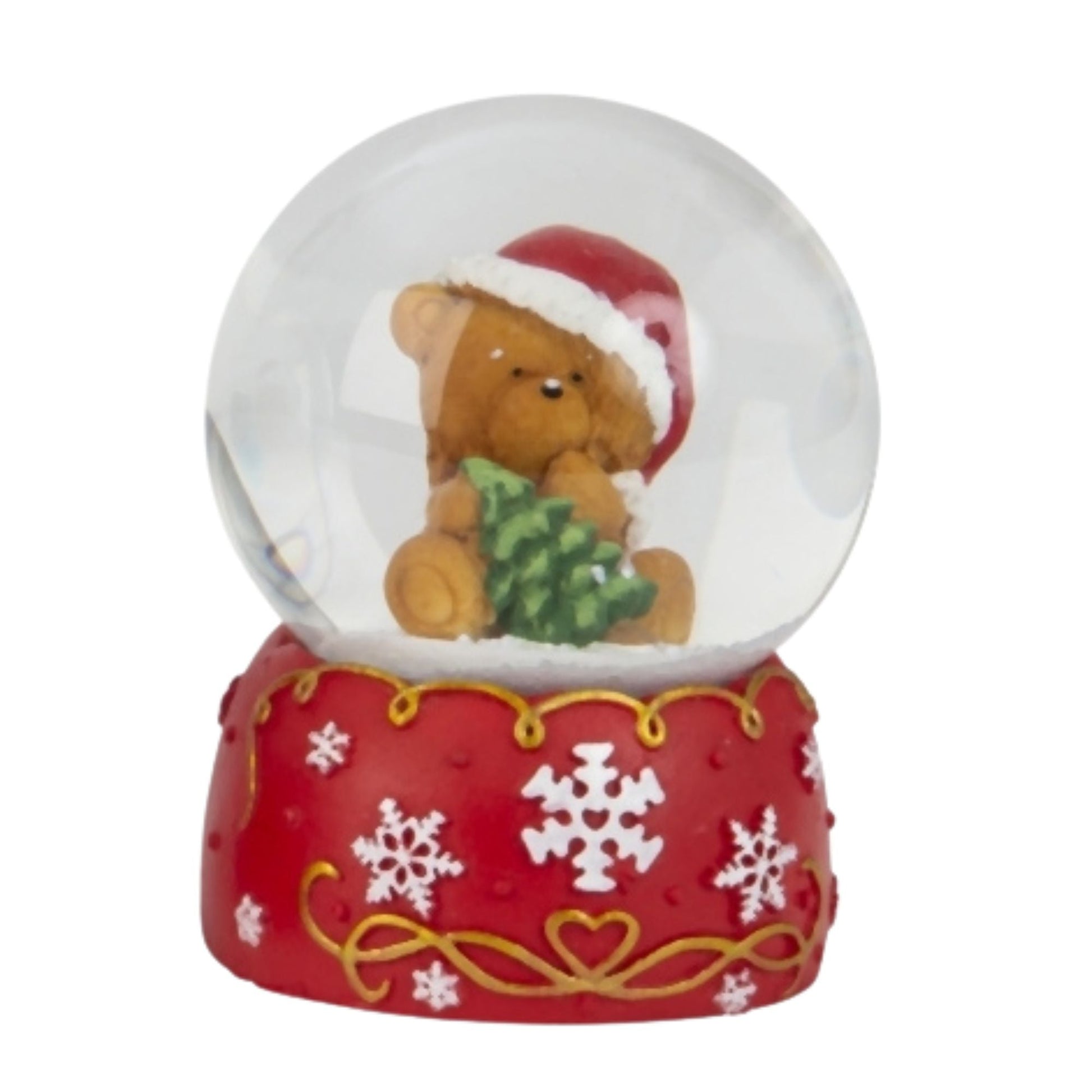 Süße Schneekugel Weihnachtsteddy Tannenbaum auf Sockel rot weiße Schneeflocke B: 65mm (Kopie) - Schneekugelhaus